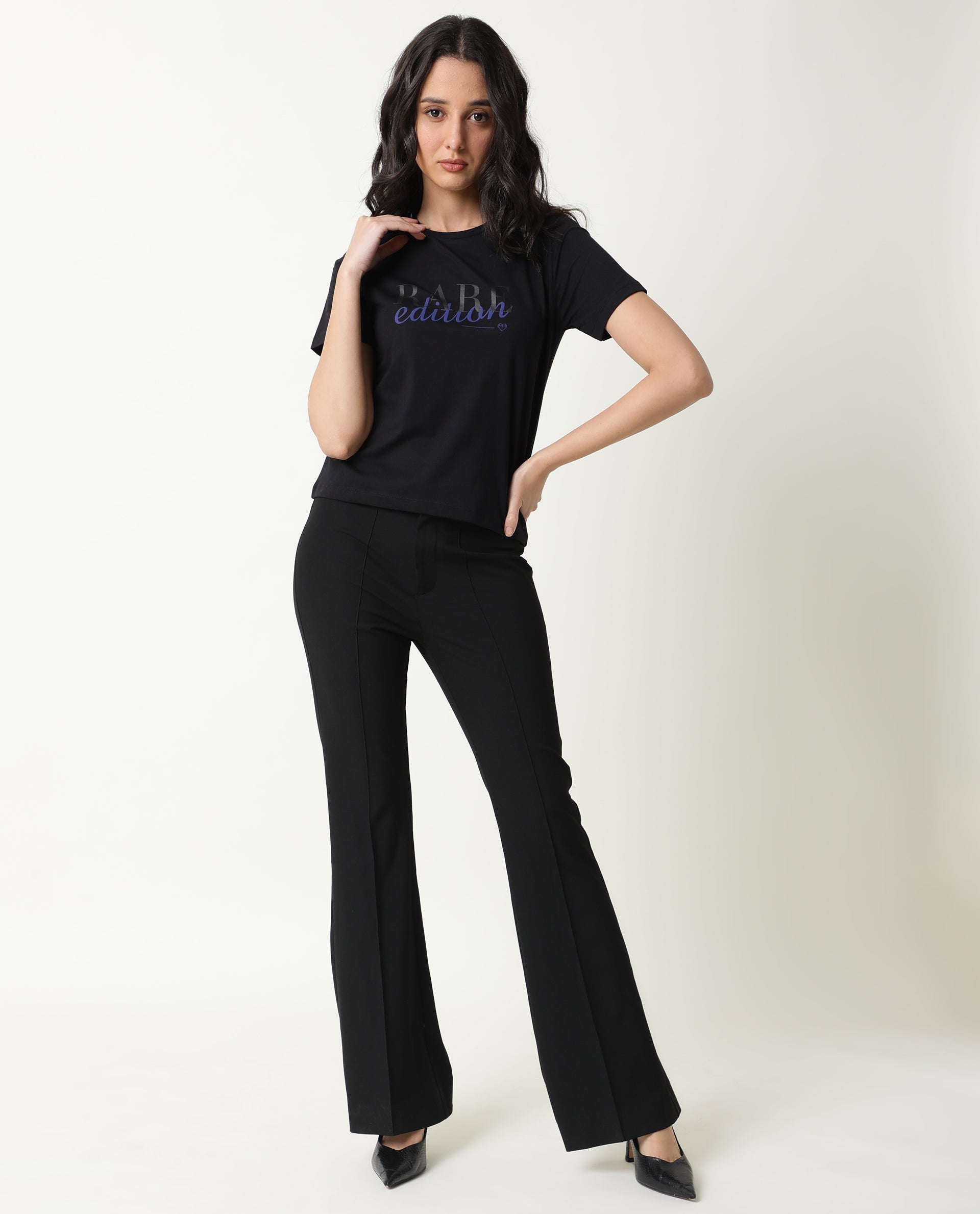 Rareism Women Pacity Black Cotton Fabric Regular Fit Half Sleeves Print Round Neck T-Shirt