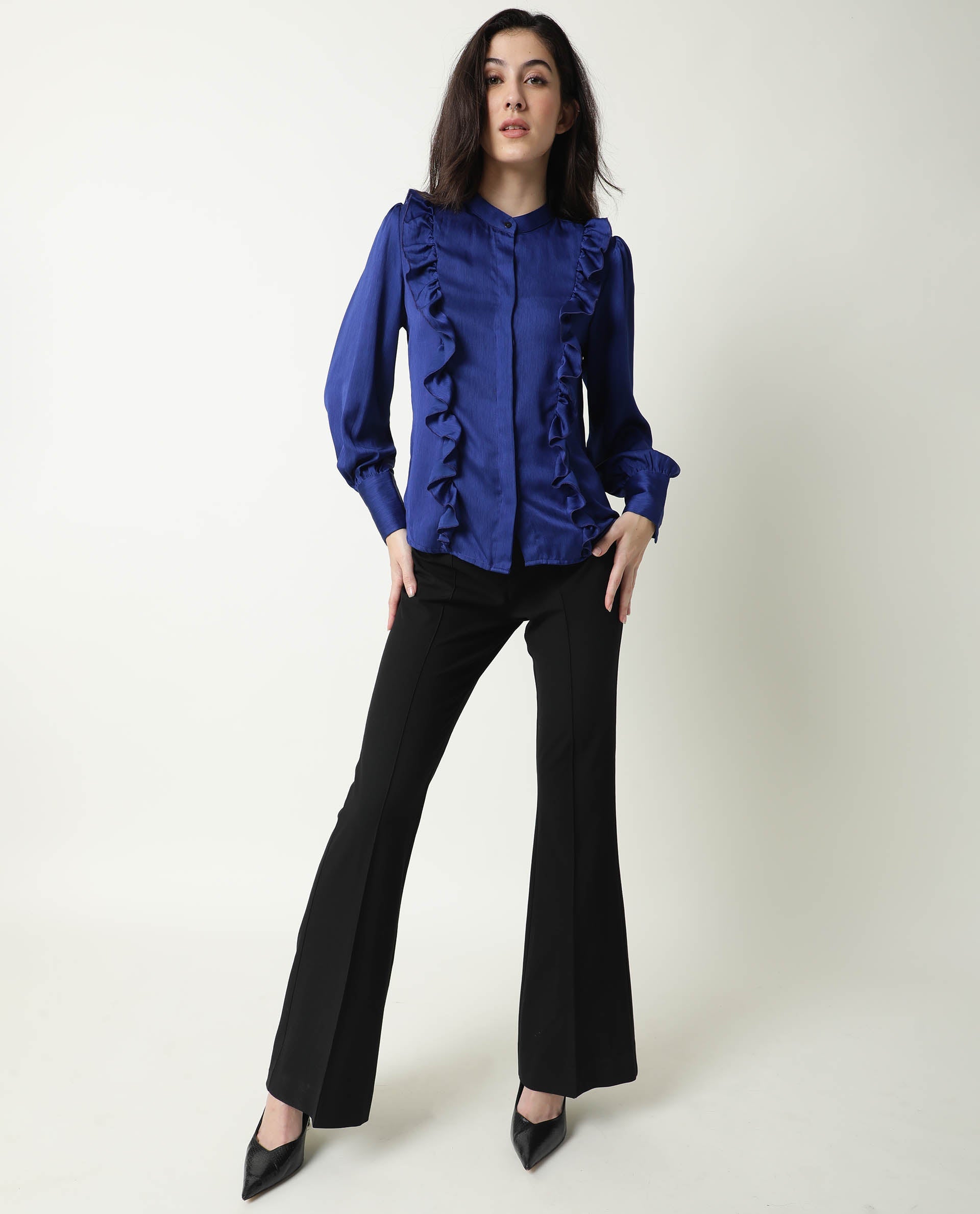 Rareism Womens Chamomile Blue Top Polyester Fabric  Fit Regular Sleeves Mandarin Neck