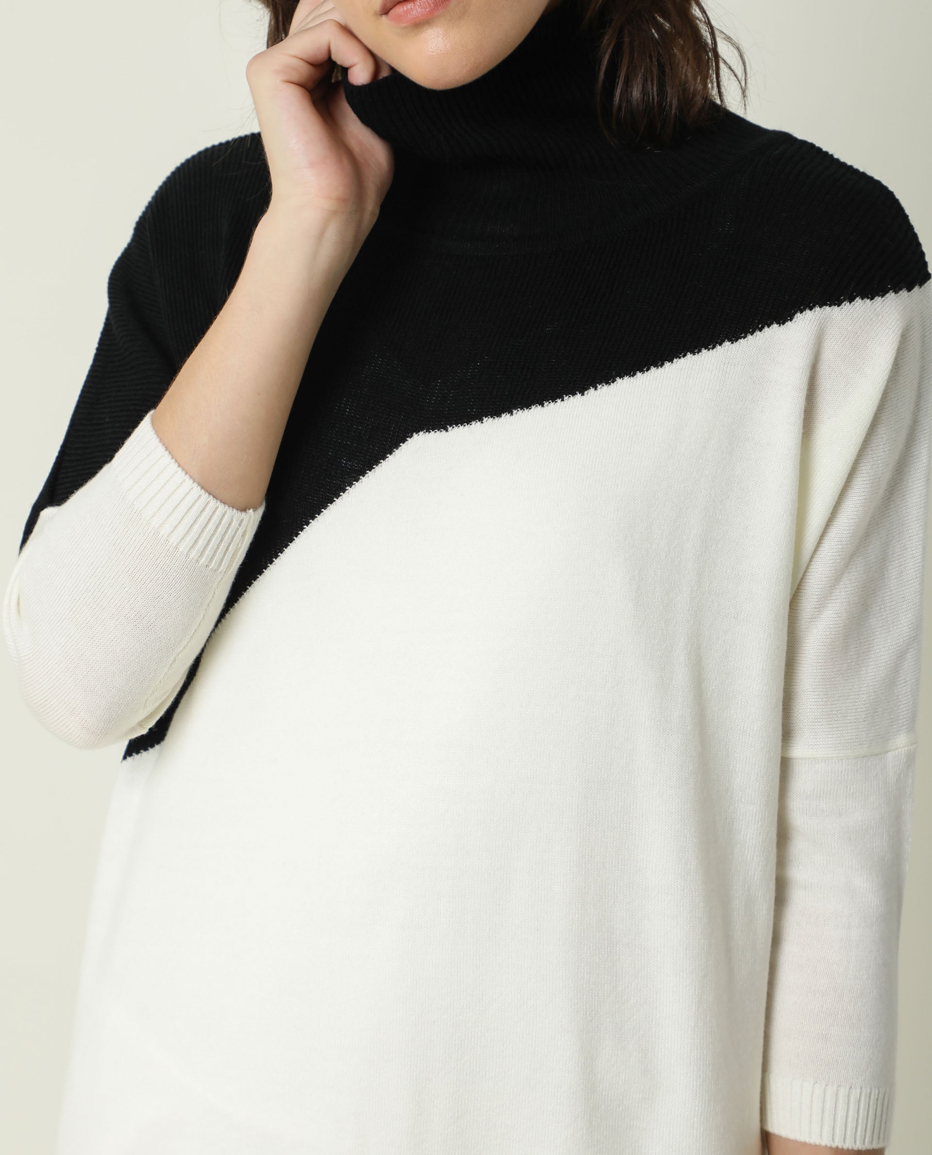 Rareism Women Spaton Black Acrylic Fabric Full Sleeves Knee Length Regular Fit Color Blocked High Neck Sweater