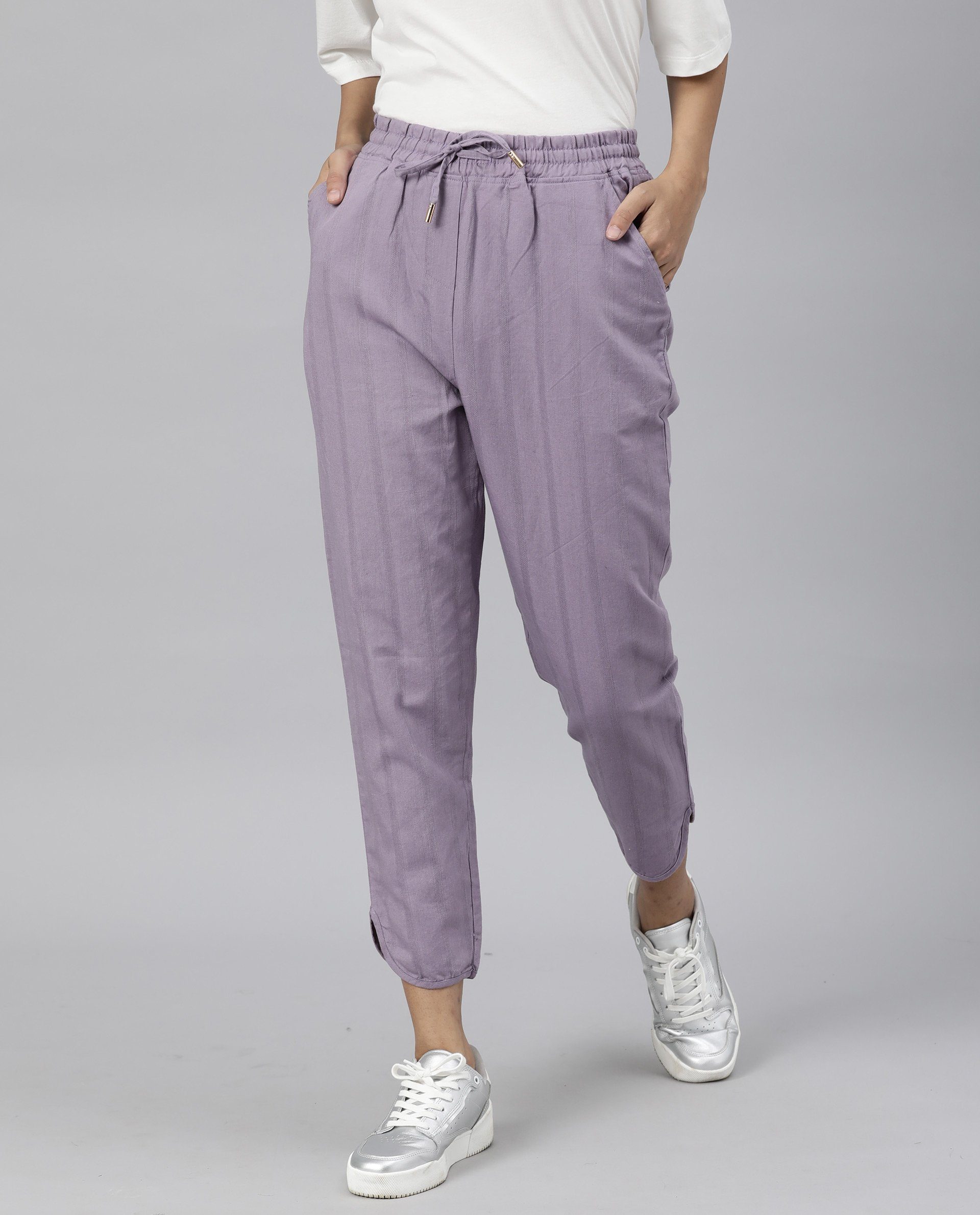 Rareism Womens Dusto Lavender Trouser Cotton Linen Fabric Ankle Length Regular Fit Elasticated Waistband