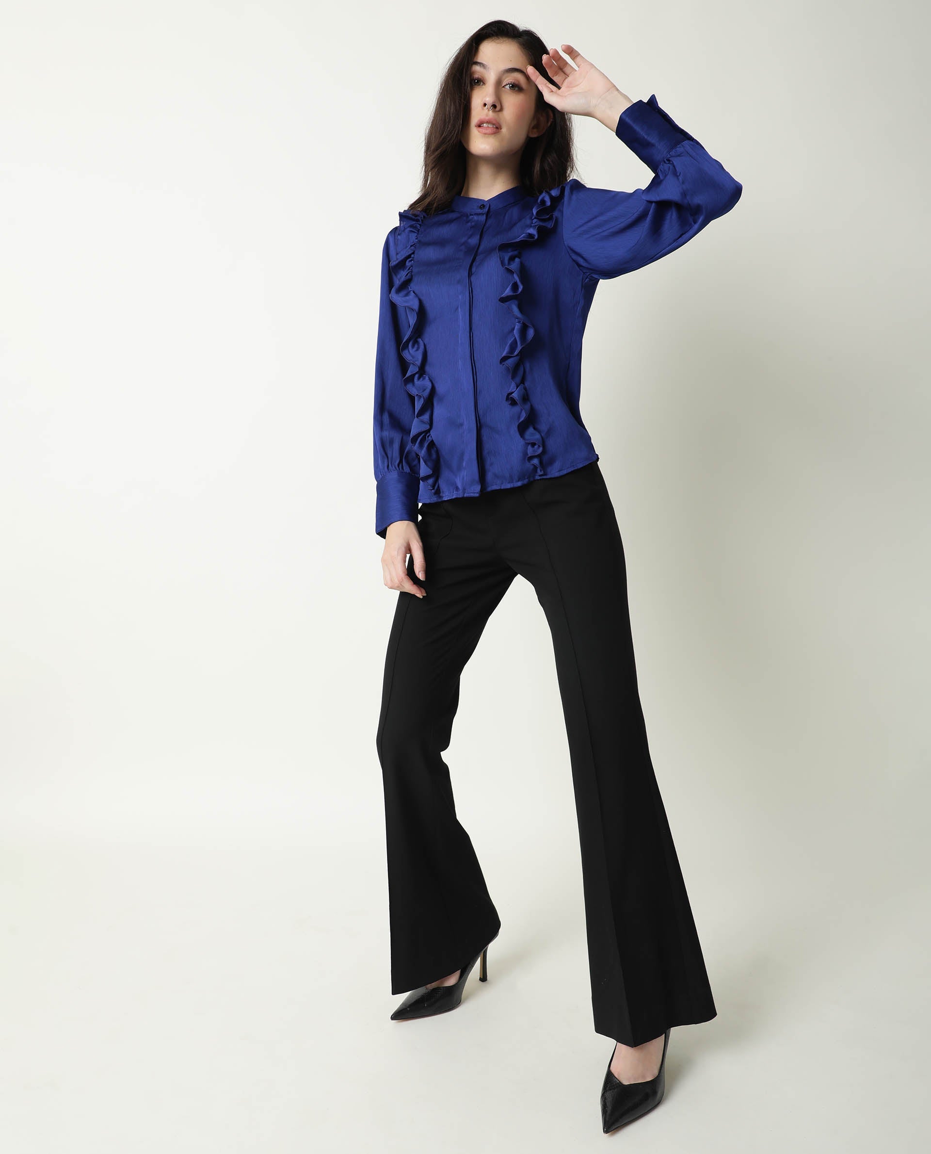 Rareism Womens Chamomile Blue Top Polyester Fabric  Fit Regular Sleeves Mandarin Neck