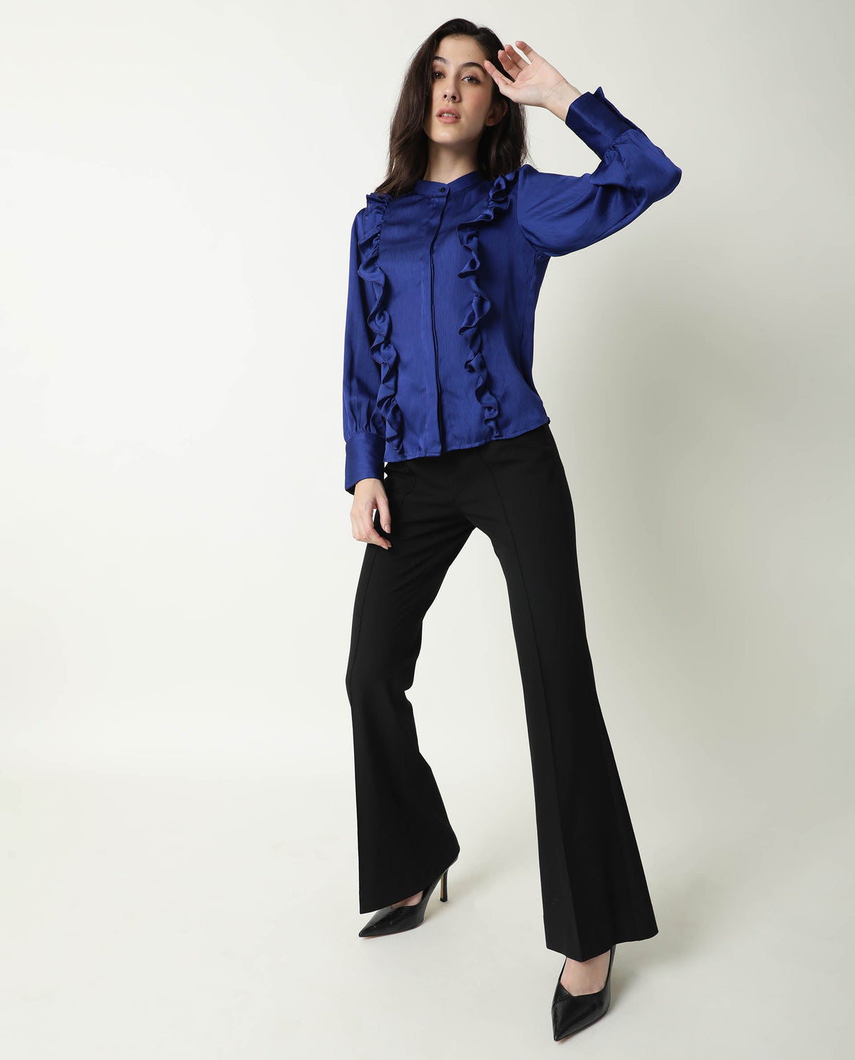 Rareism Womens Chamomile Blue Top Polyester Fabric  Fit Regular Sleeves Mandarin Neck