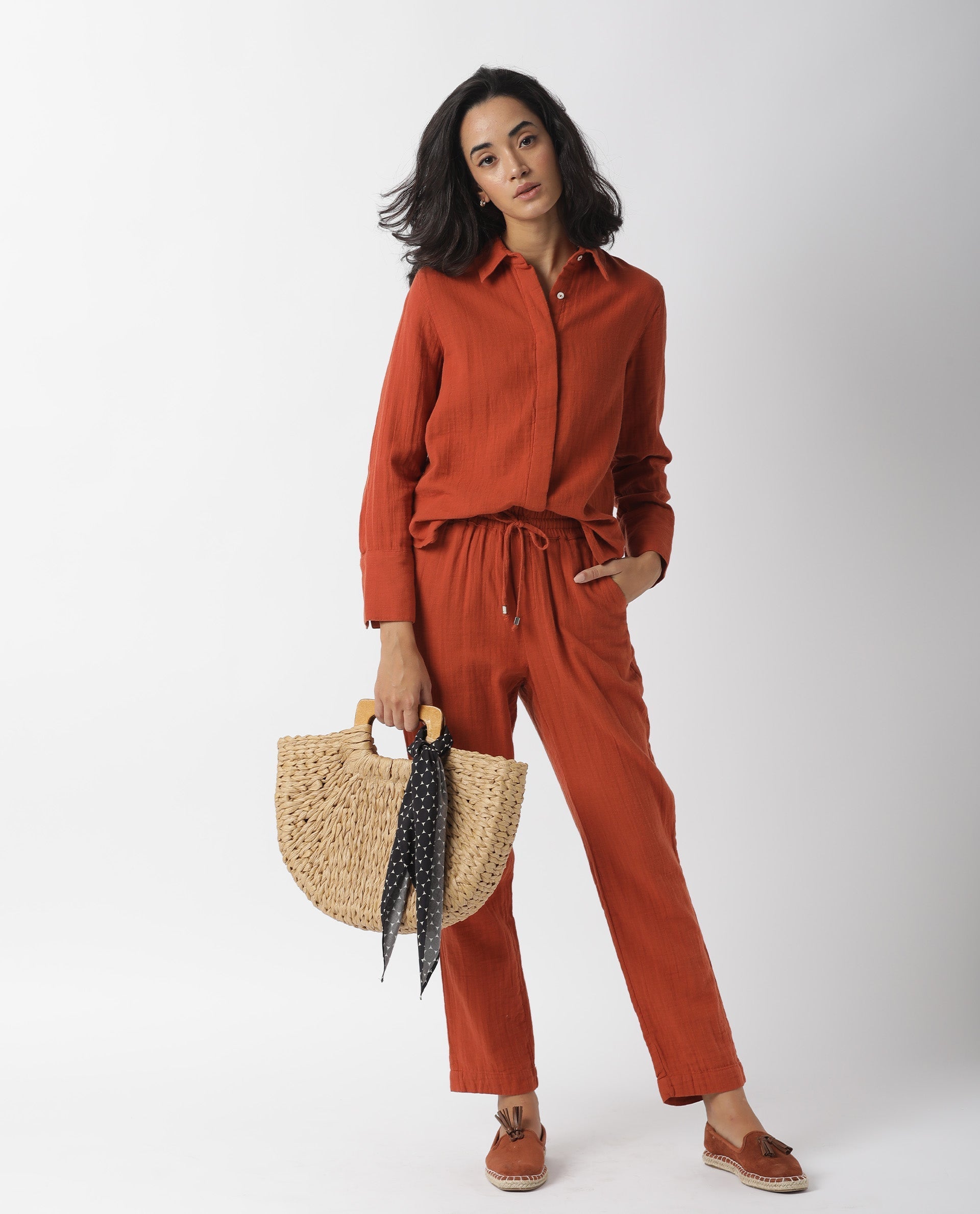Rareism Womens Lock Rust Top Cotton Fabric Regular Fit Cuffed Sleeve Collared Neck