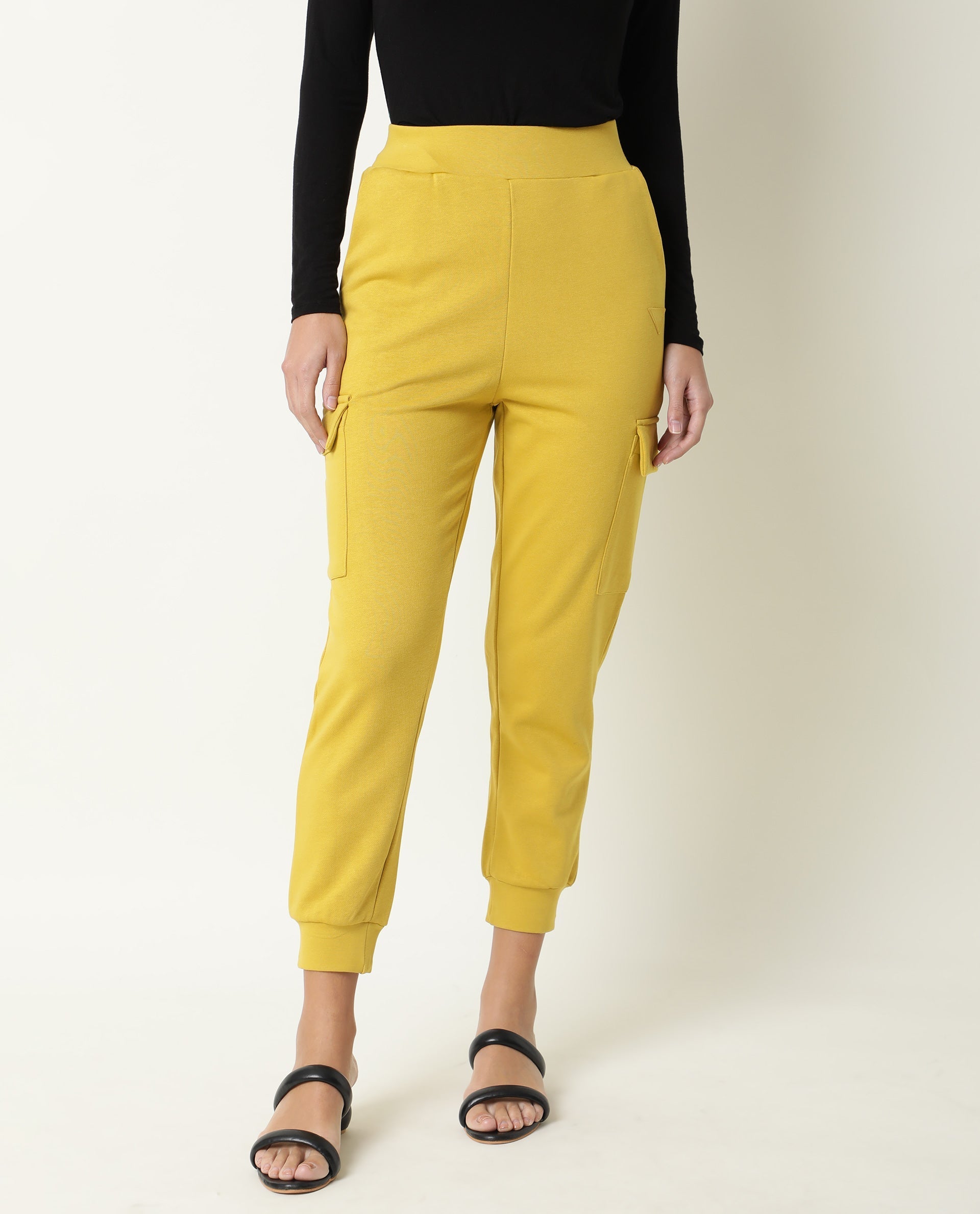 Rareism Women Nush Yellow Poly Cotton Fabric Tailored Fit Solid Mid Rise Ankle Length Track Pant