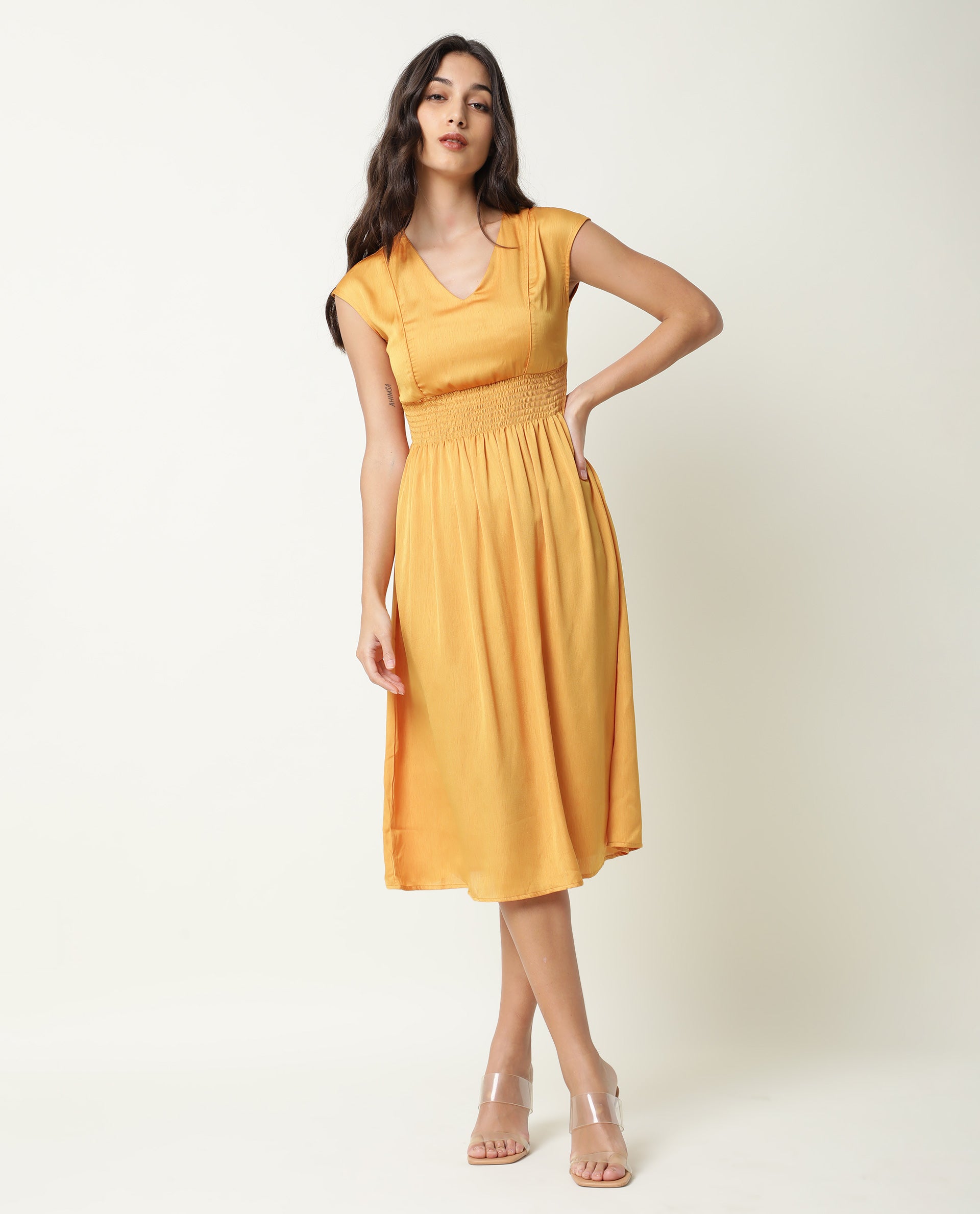 Rareism Women's Milux Mustard V-Neck Plain Sleeveless Knee Length Regular Fit Dress