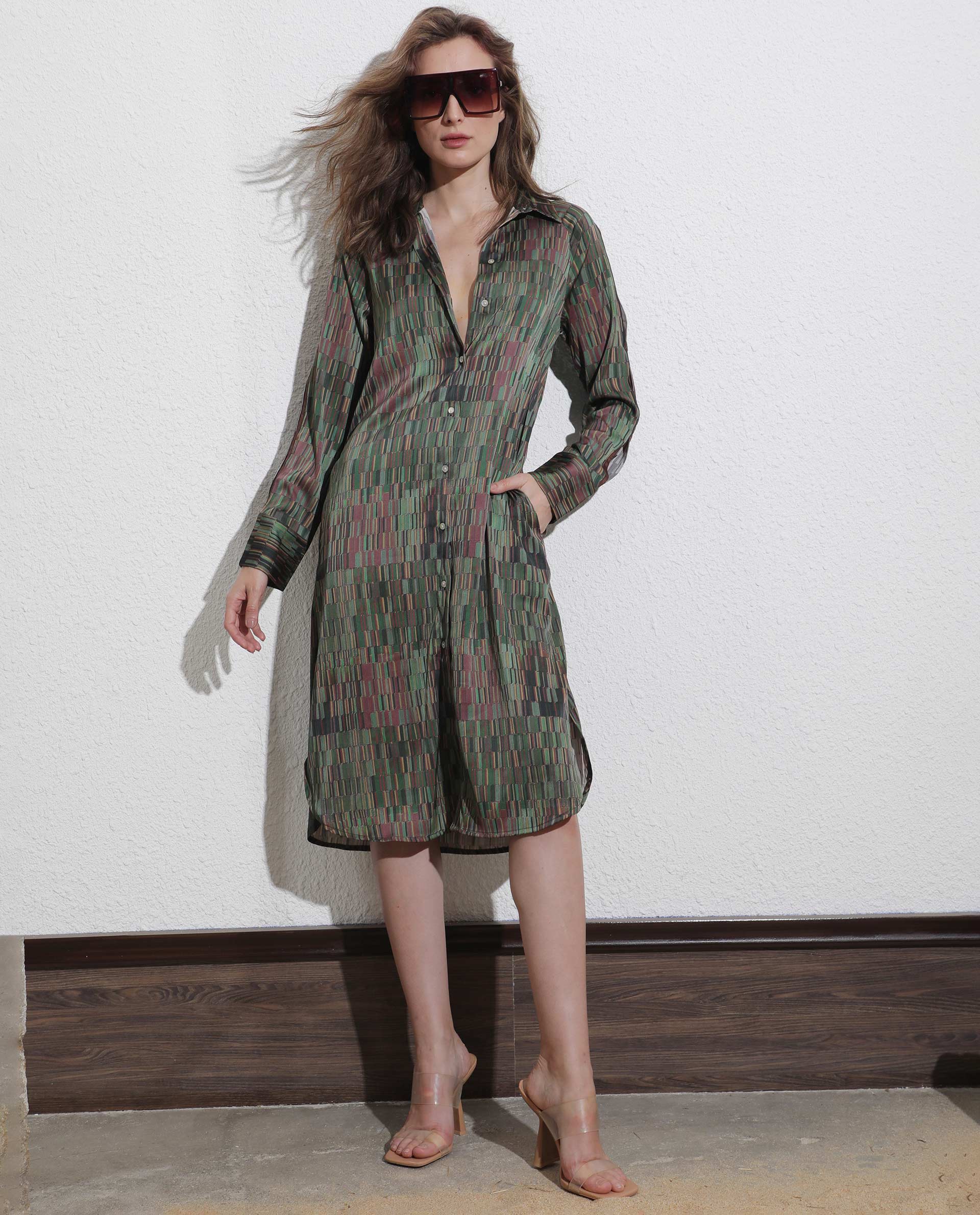 Rareism Women Reign Dark Olive Cotton Fabric Full Sleeves Shirt Collar Geometric Print Maxi Dress