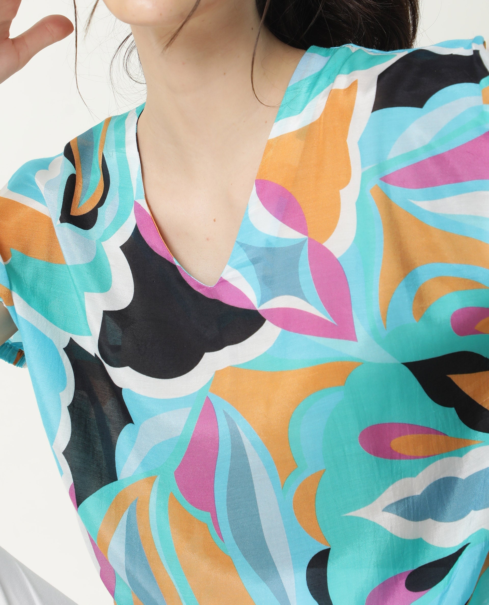 Rareism Women Maverick Multi Cotton Silk Fabric Relaxed Fit V-Neck Half Sleeves Abstract Print Top