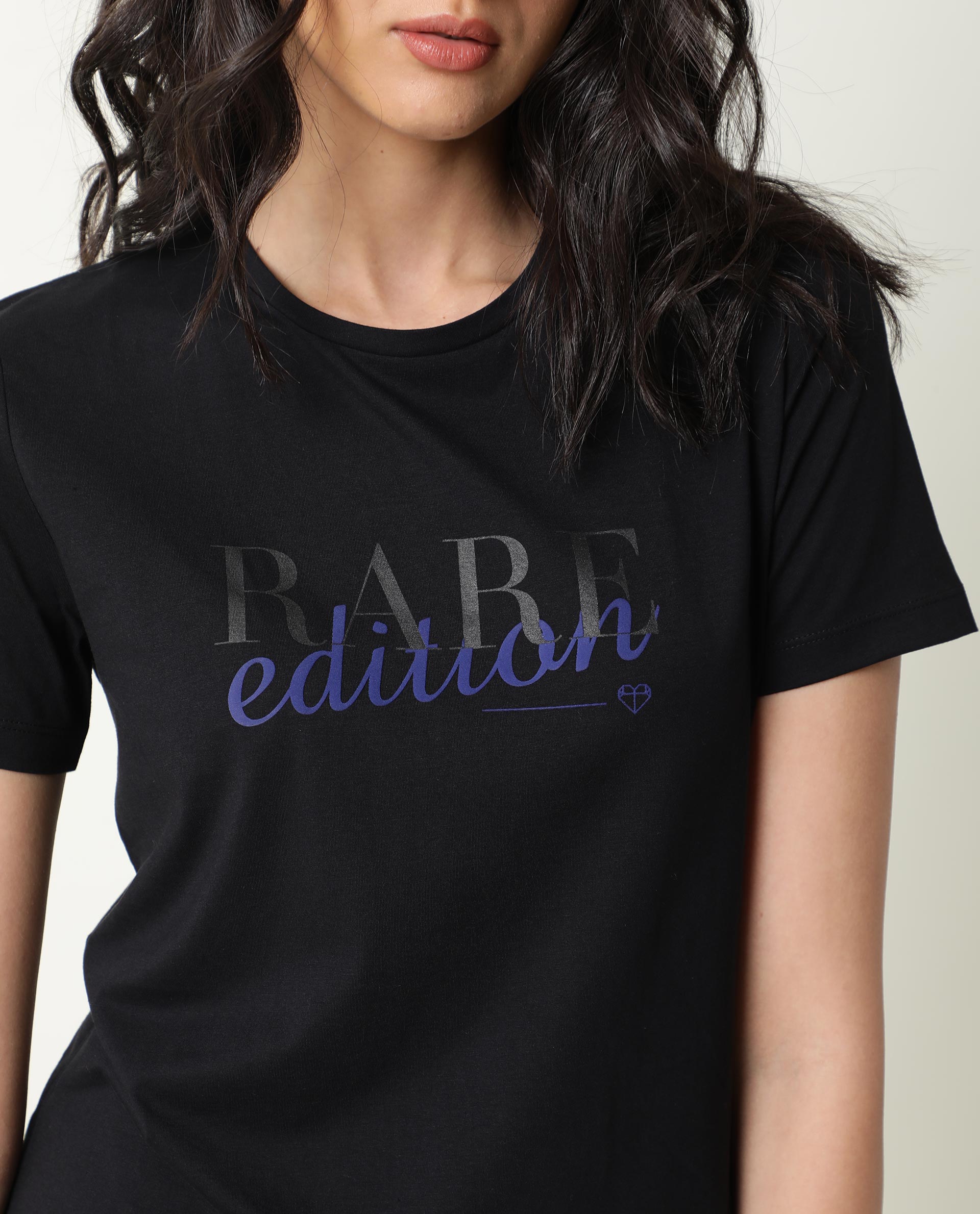 Rareism Women Pacity Black Cotton Fabric Regular Fit Half Sleeves Print Round Neck T-Shirt