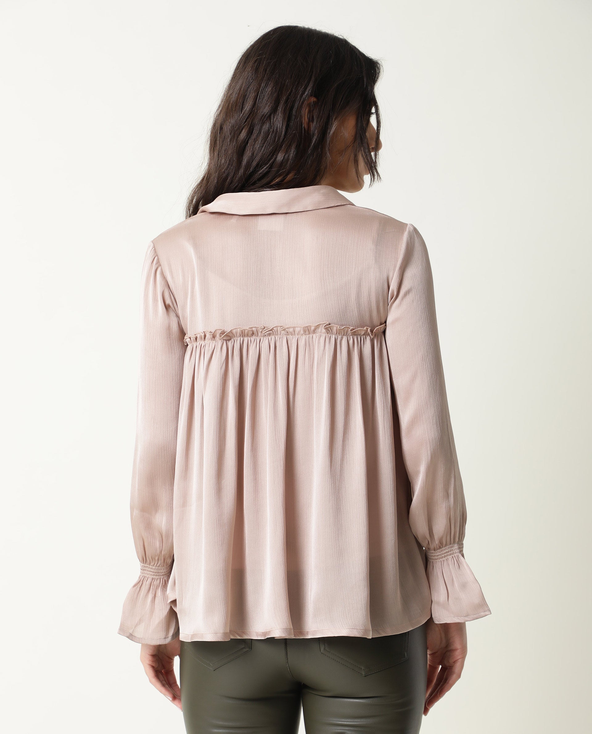 Rareism Women Poetess Light Pink Polyester Fabric Regular Fit Collared Neck Full Sleeves Solid Top