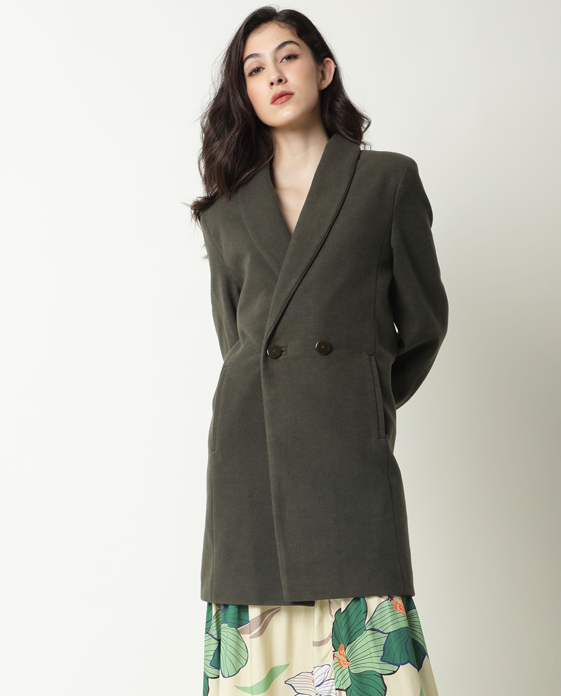 Rareism Women Avon Olive Polyester Fabric Full Sleeves Solid Lapel Neck Jacket