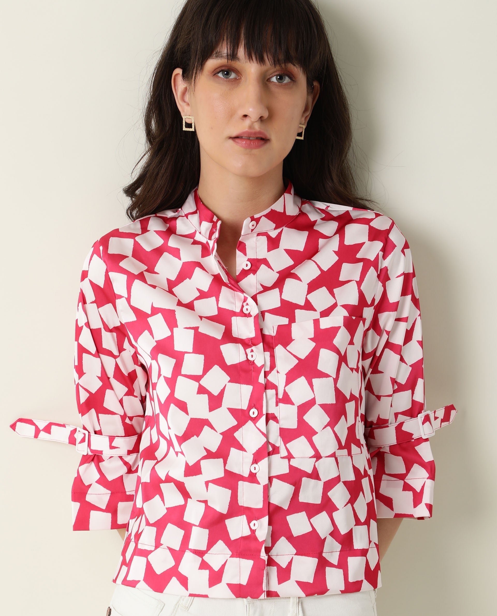 Rareism Women's Seki Pink Modal High Neck Geometric Print Regular Fit Shirt