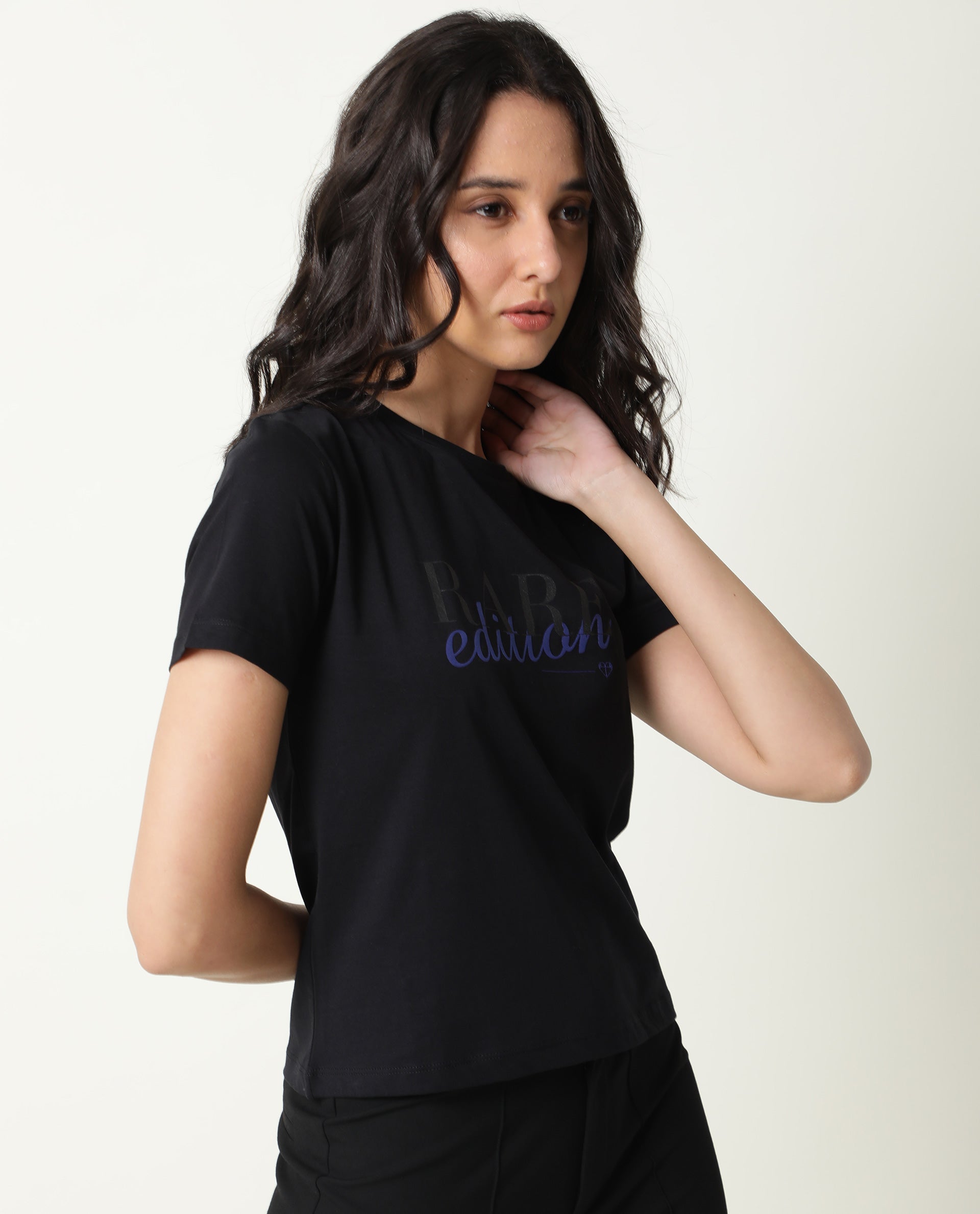 Rareism Women Pacity Black Cotton Fabric Regular Fit Half Sleeves Print Round Neck T-Shirt