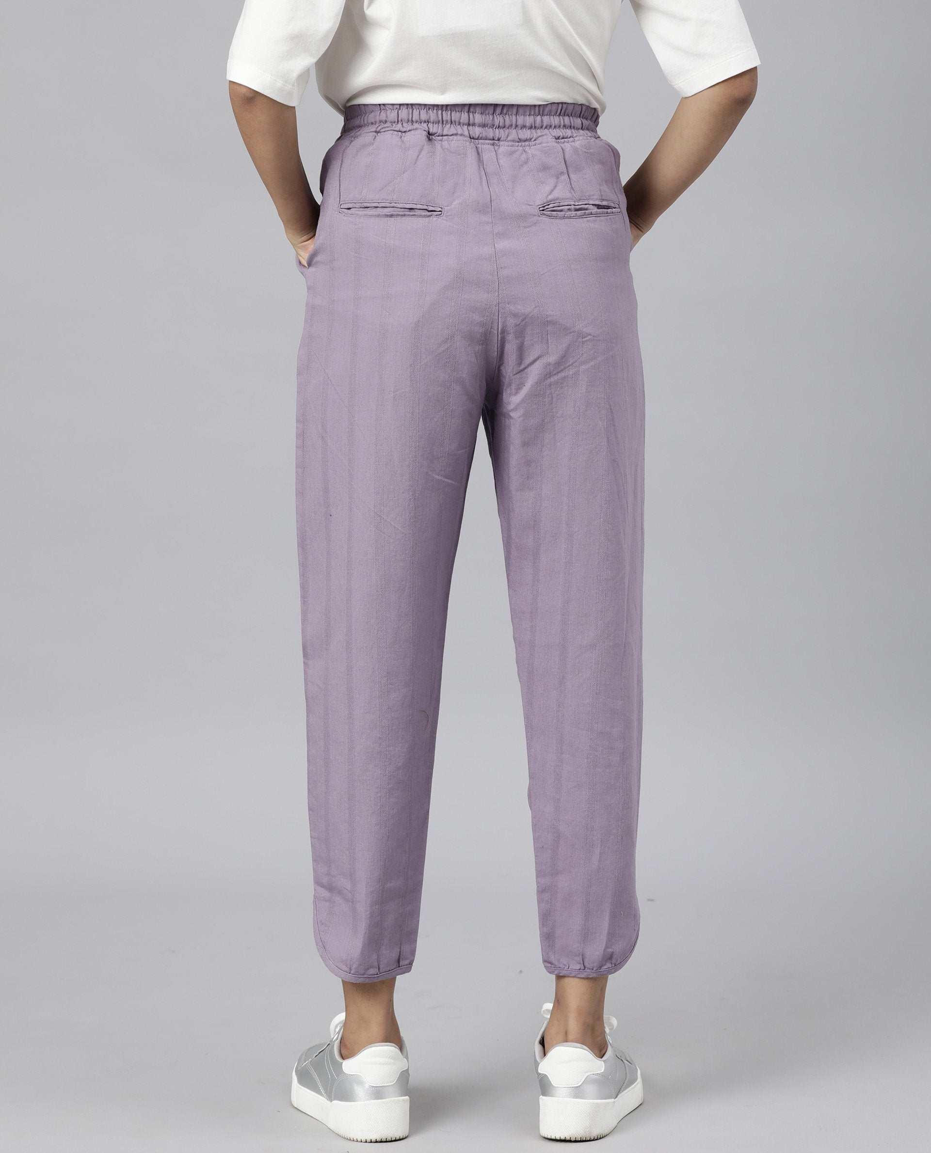 Rareism Womens Dusto Lavender Trouser Cotton Linen Fabric Ankle Length Regular Fit Elasticated Waistband