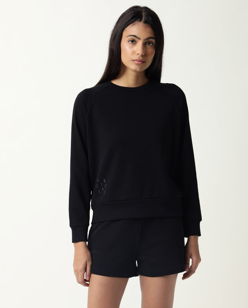 Rareism Women Cax Black Cotton Blend Fabric Relaxed Fit Full Sleeves Solid Round Neck Sweatshirt