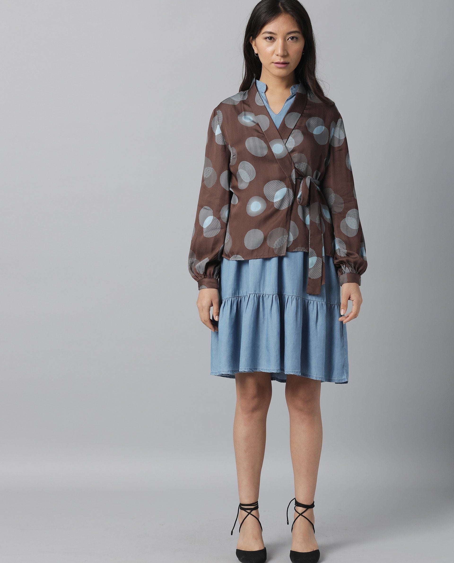 Rareism Womens Jerry Brown Top Stripes Full Sleeve Wrap Top