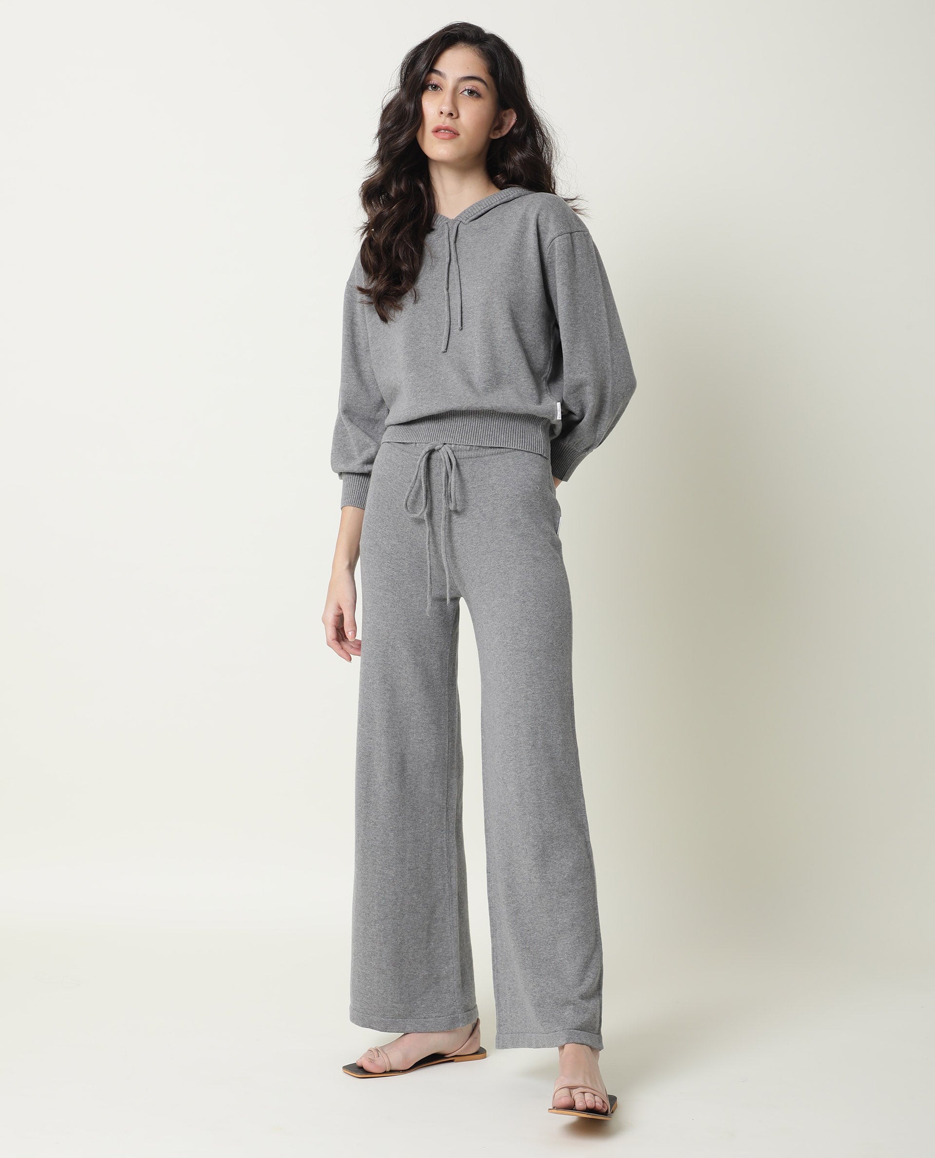 Rareism Women Finn Track Melange Grey Cotton Fabric Flared Solid Mid Rise Ankle Length Track Pant