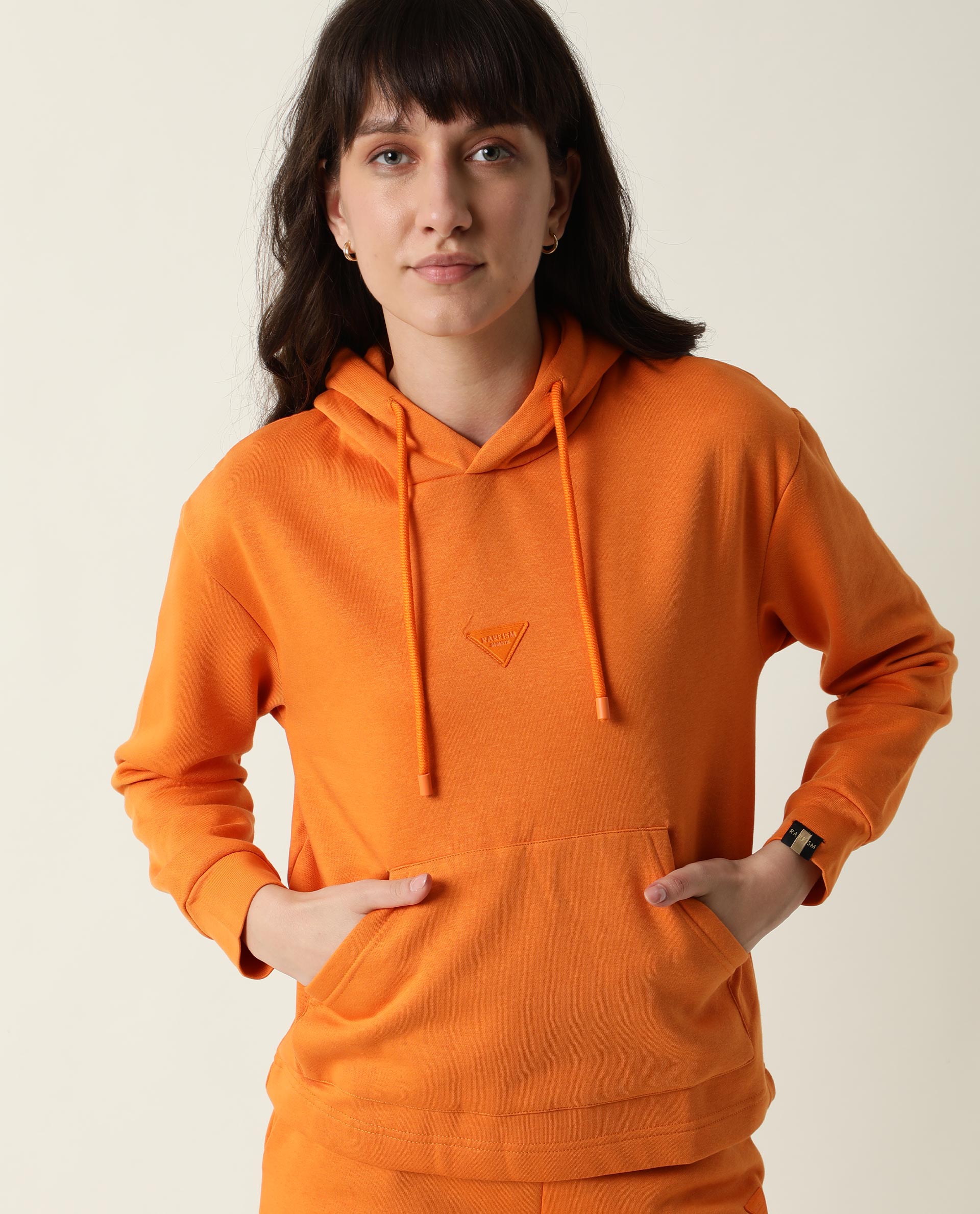 Rareism Women's Wally-1 Orange Cotton Blend Hooded Plain Relaxed Fit Sweatshirt