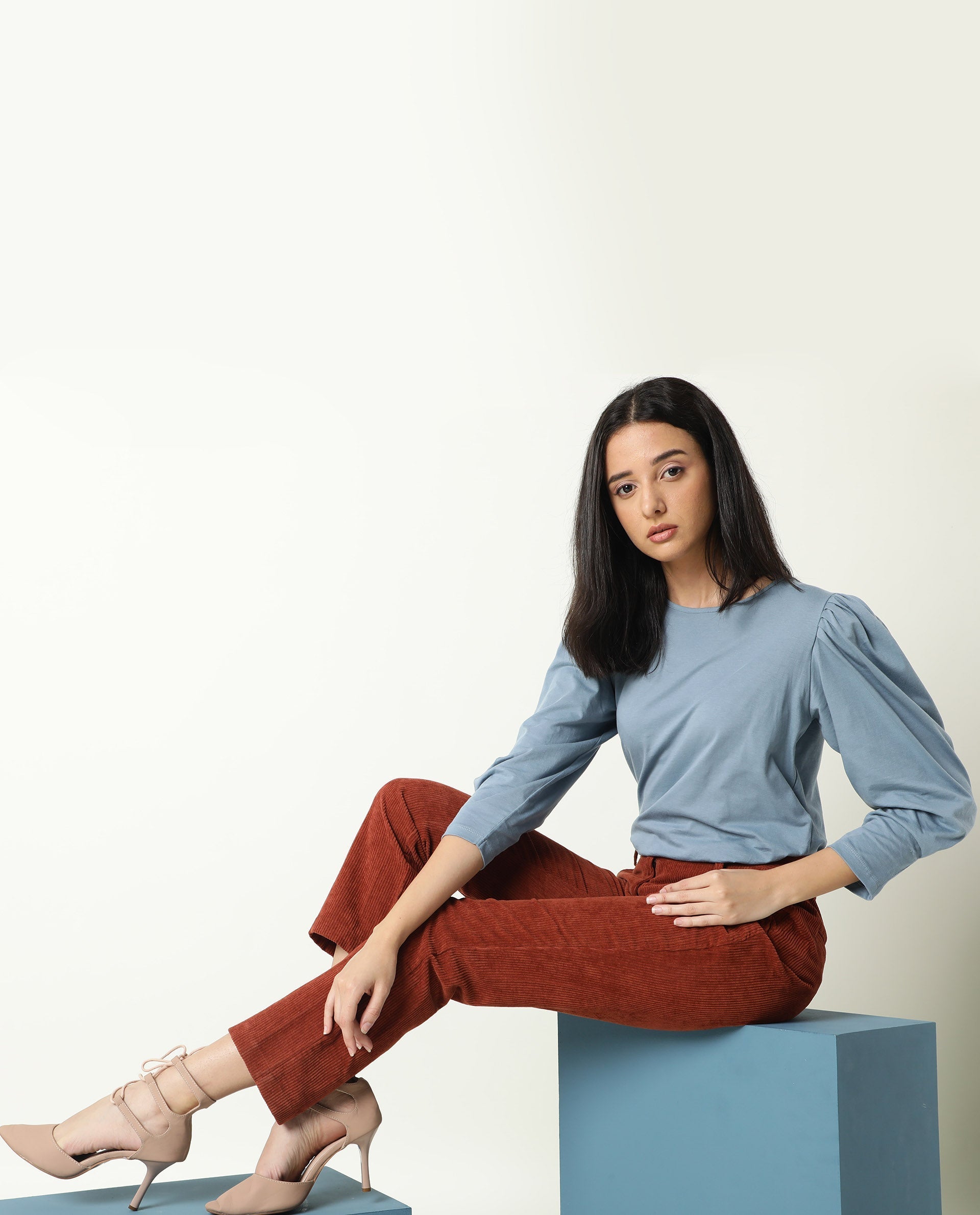 Rareism Women Ballerina Blue Cotton Fabric Regular Fit Knee Length Boat Neck 3/4Th Sleeves Solid Top