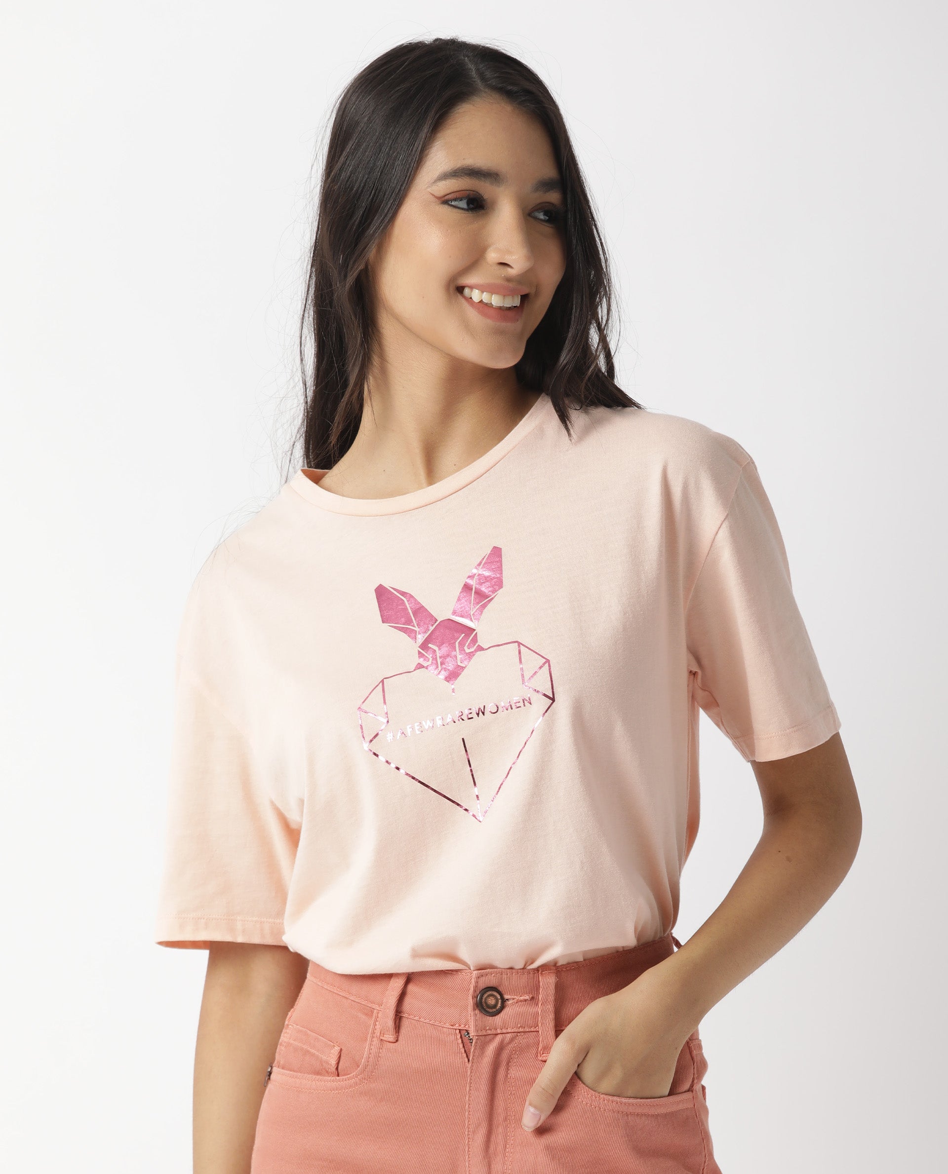 Rareism Women Love Pink Cotton Fabric Regular Fit Half Sleeves Graphic Print Crew Neck T-Shirt