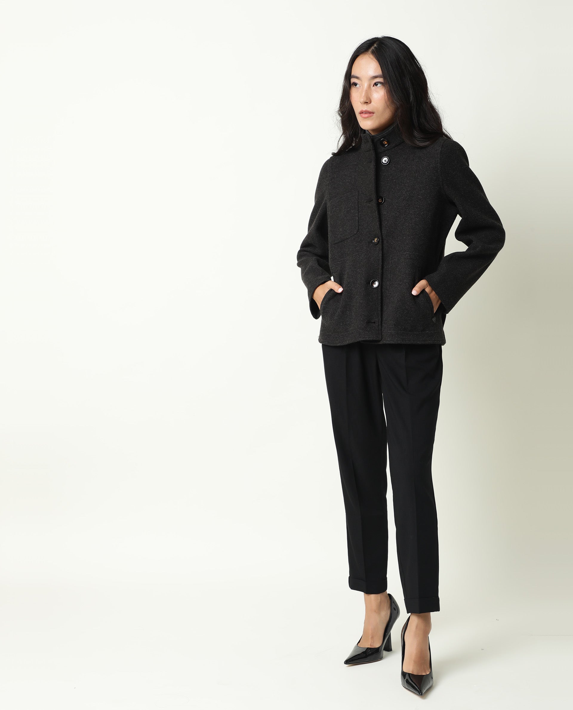 Rareism Women Comico Black Polyester Fabric Full Sleeves Solid Mandarin Collar Jacket
