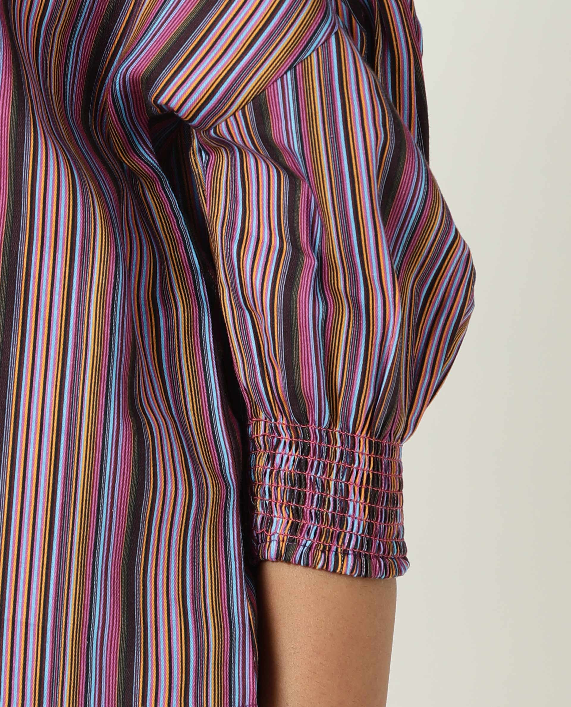 Rareism Womens Pari Multi Top Cotton Fabric Regular Fit Extended Sleeves Ruffled Neck