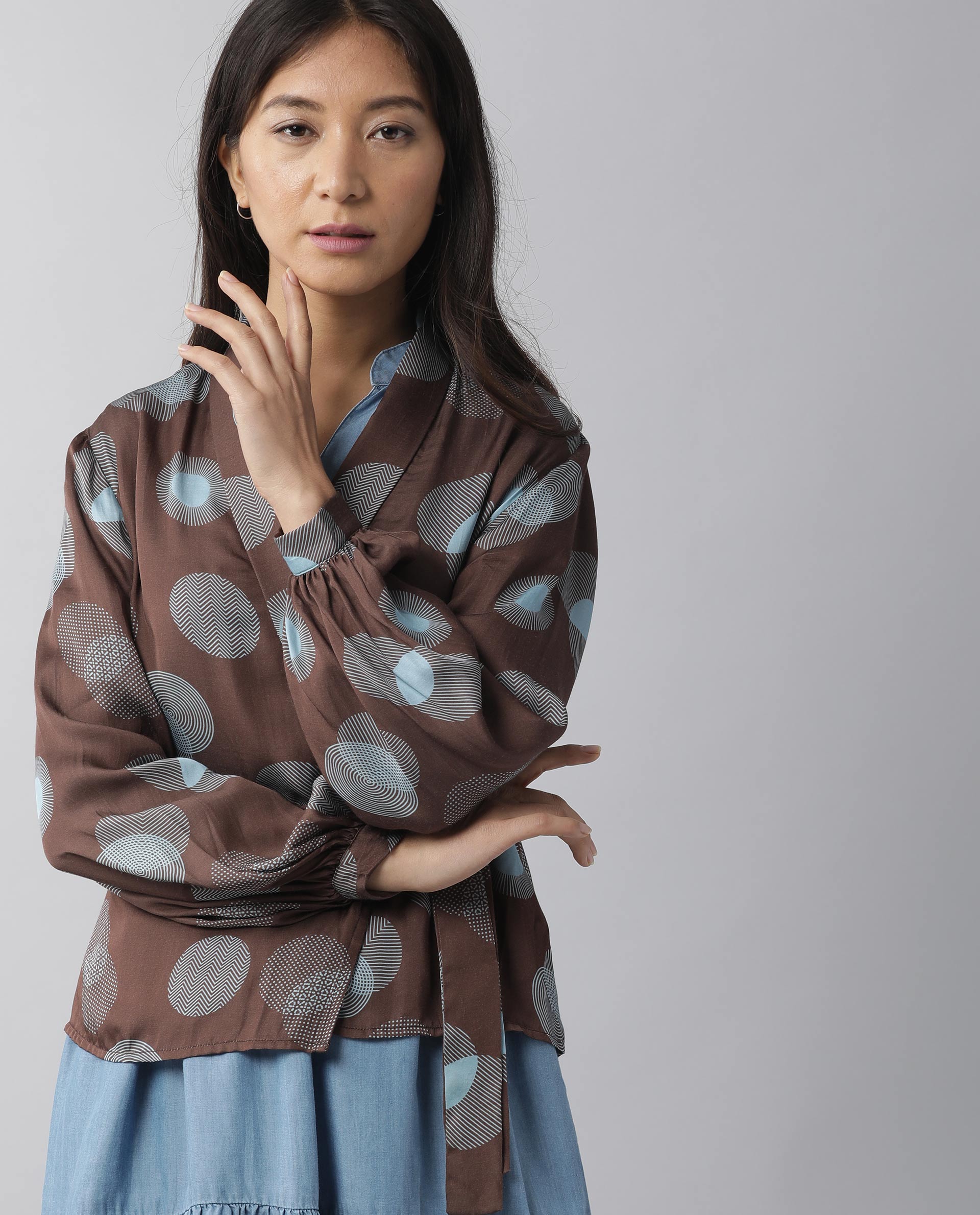 Rareism Womens Jerry Brown Top Stripes Full Sleeve Wrap Top