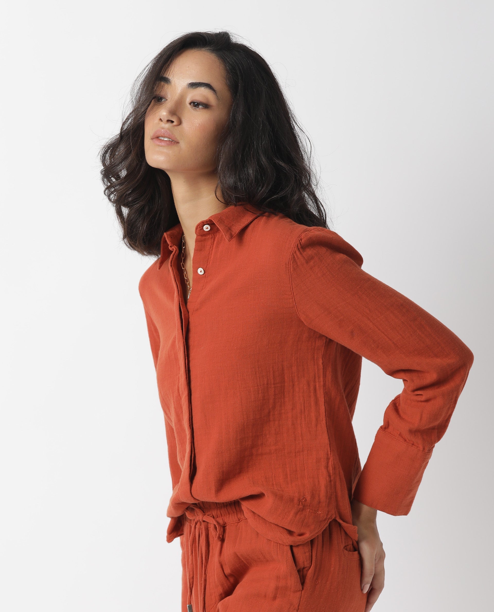 Rareism Womens Lock Rust Top Cotton Fabric Regular Fit Cuffed Sleeve Collared Neck