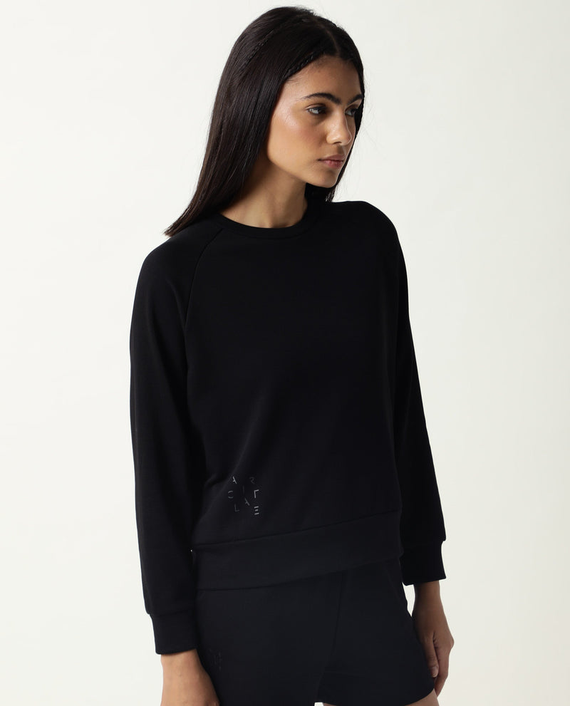 Rareism Women Cax Black Cotton Blend Fabric Relaxed Fit Full Sleeves Solid Round Neck Sweatshirt