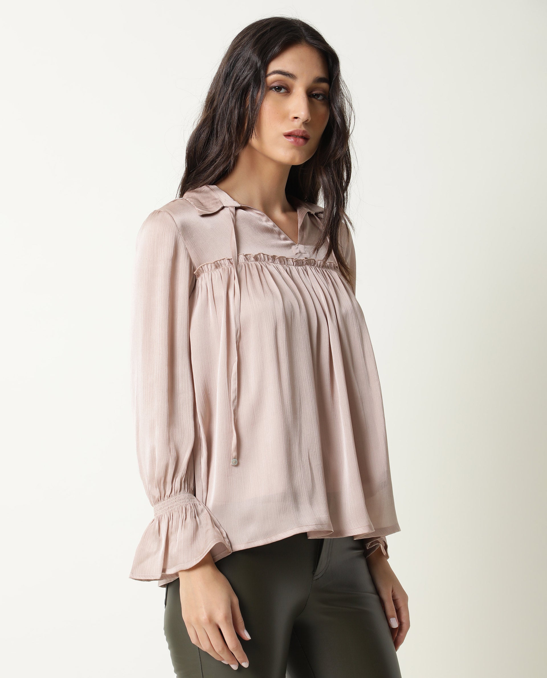 Rareism Women Poetess Light Pink Polyester Fabric Regular Fit Collared Neck Full Sleeves Solid Top