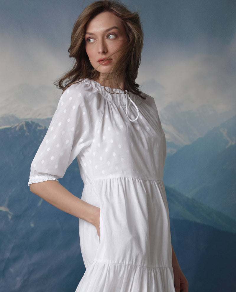 Rareism Women Myle White Cotton Fabric Short Sleeves Tie-Up Neck Puff Sleeve Regular Fit Plain Knee Length Tiered Dress