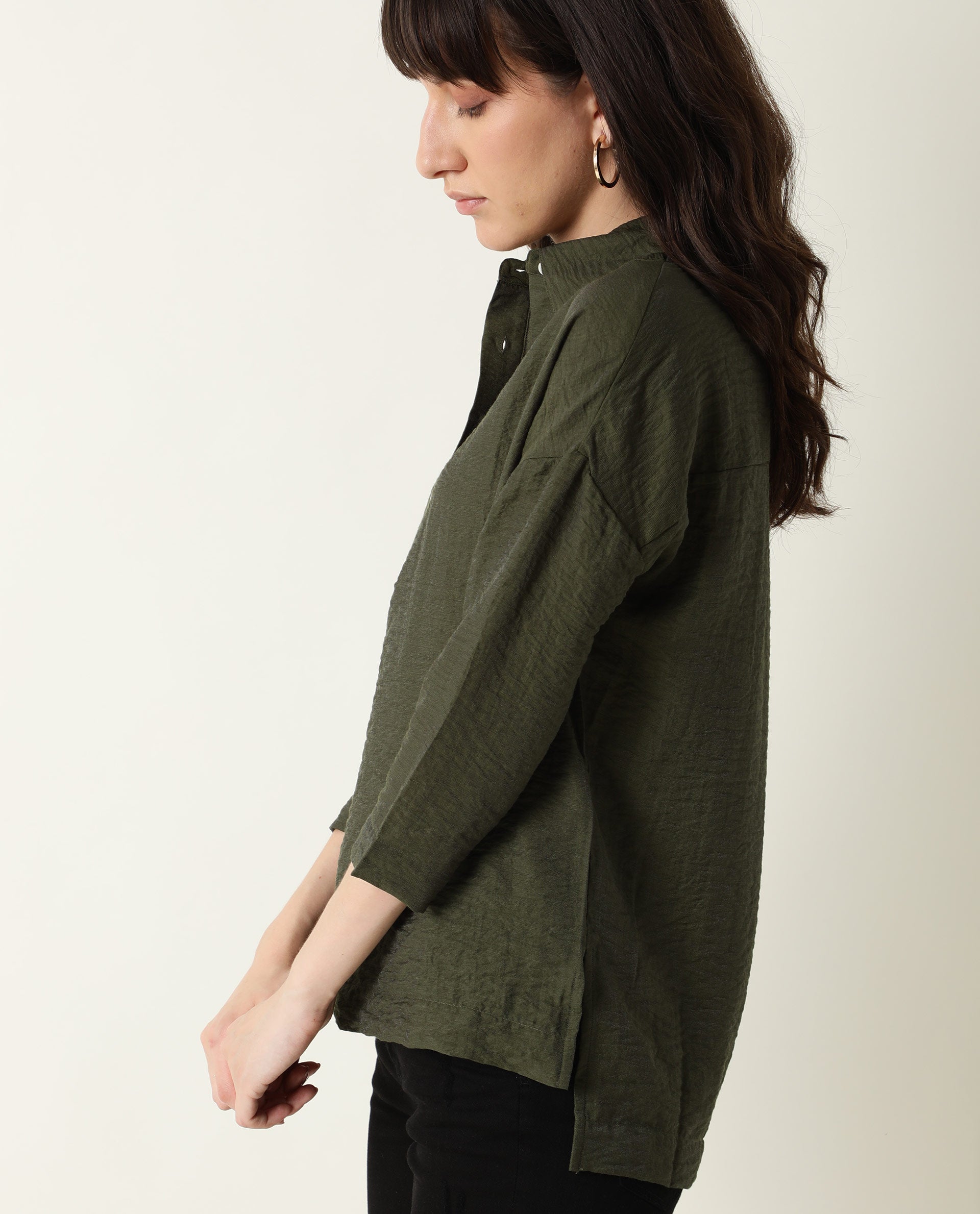 Rareism Women Velyn Dark Green Polyester Fabric Relaxed Fit Collared Neck Full Sleeves Textured Top