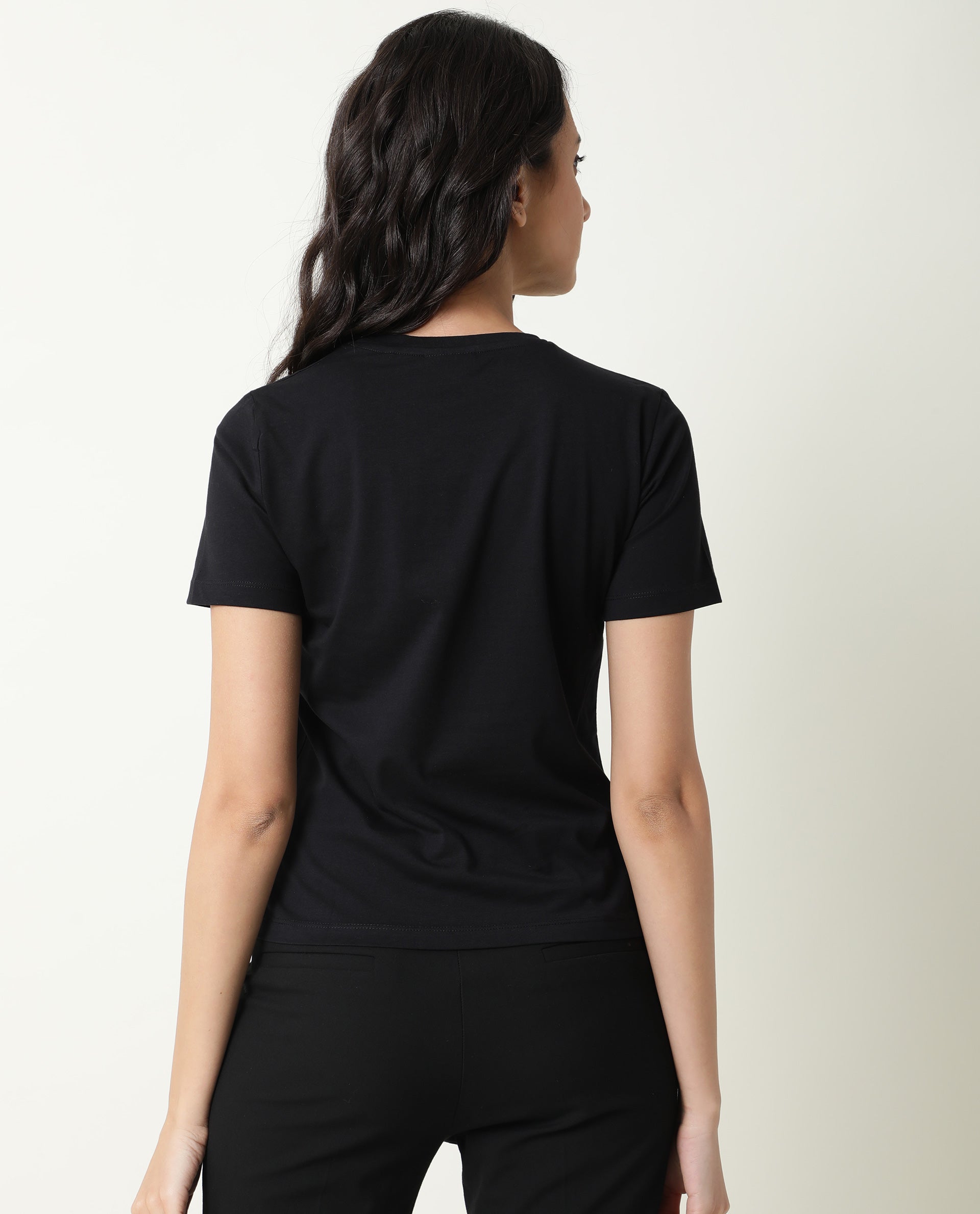 Rareism Women Pacity Black Cotton Fabric Regular Fit Half Sleeves Print Round Neck T-Shirt