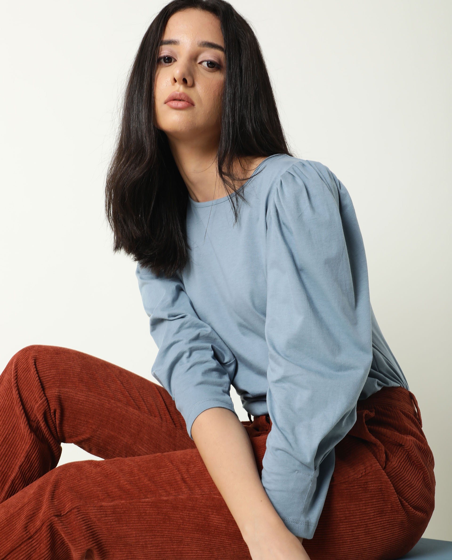 Rareism Women Ballerina Blue Cotton Fabric Regular Fit Knee Length Boat Neck 3/4Th Sleeves Solid Top