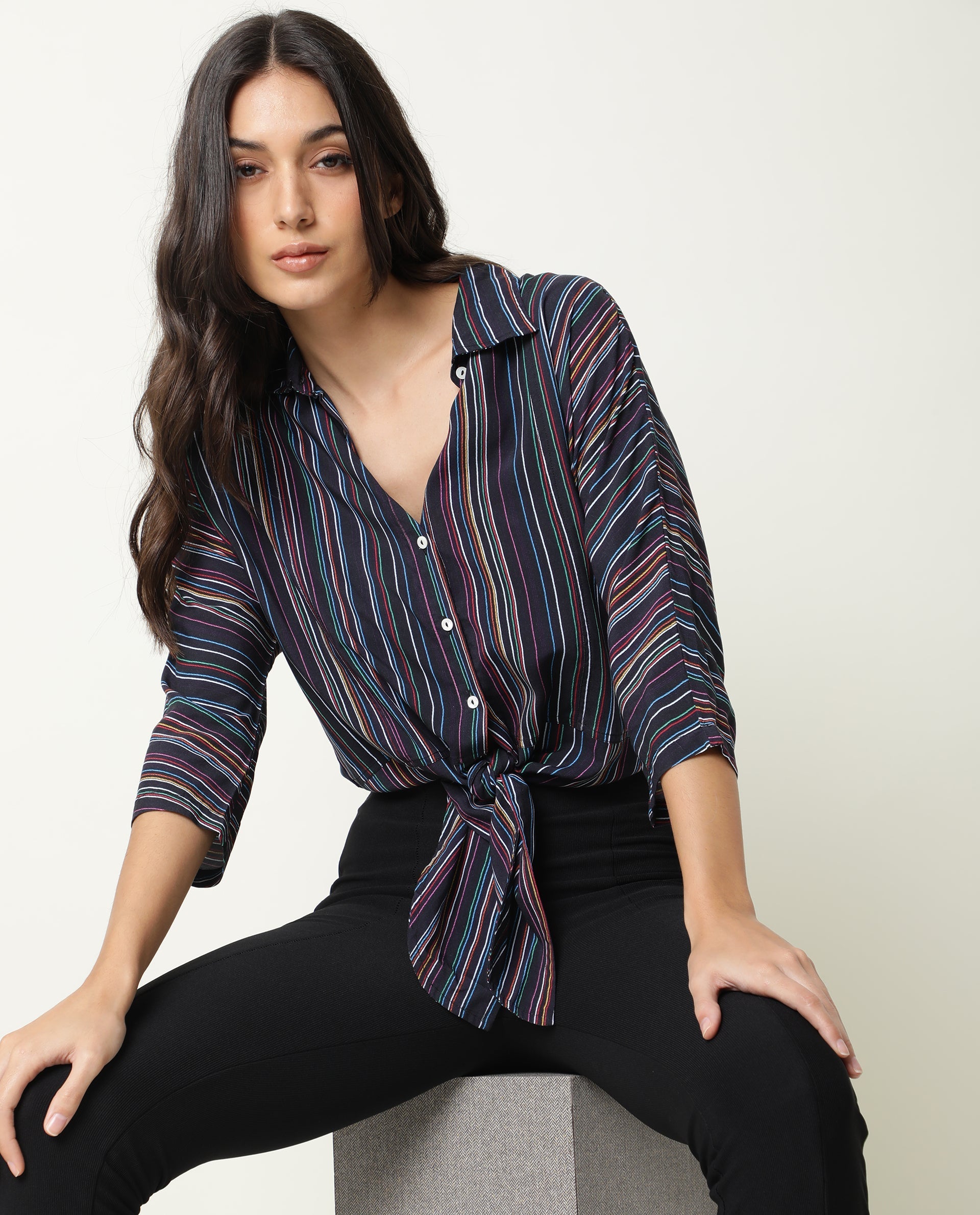 Rareism Women Thesis Black Viscose Fabric Relaxed Fit Collarless 3/4Th Sleeves Striped Top