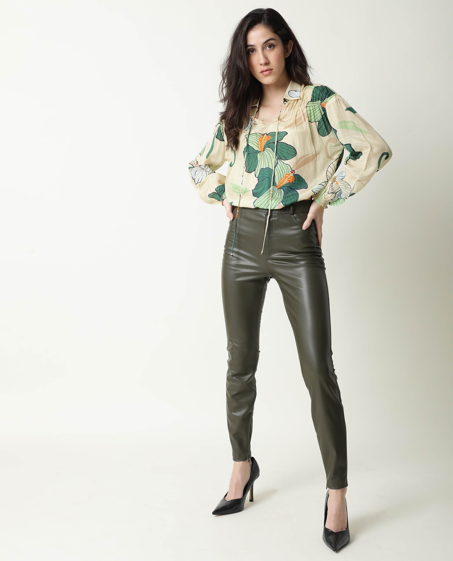 Rareism Womens Kalina Off White Top Cotton Silk Fabric  Full Sleeve Key Hole Neck