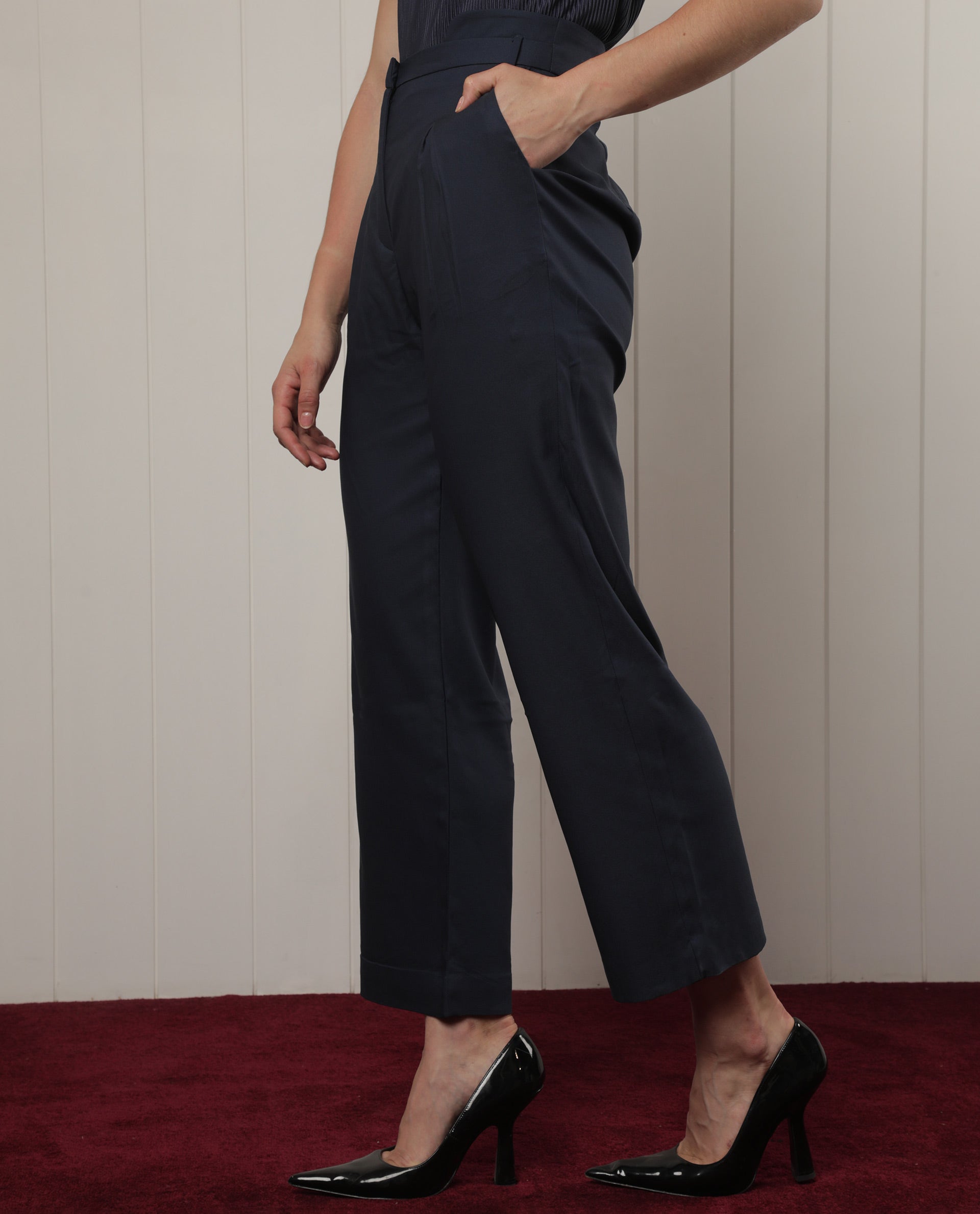 Rareism Women Evanova Navy Viscose Fabric Tailored Fit High Rise Solid Ankle Length Trousers