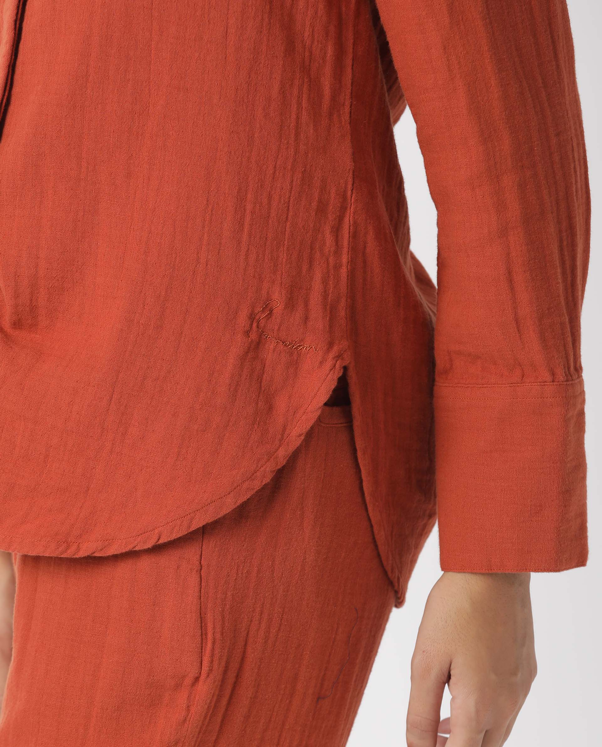 Rareism Womens Lock Rust Top Cotton Fabric Regular Fit Cuffed Sleeve Collared Neck