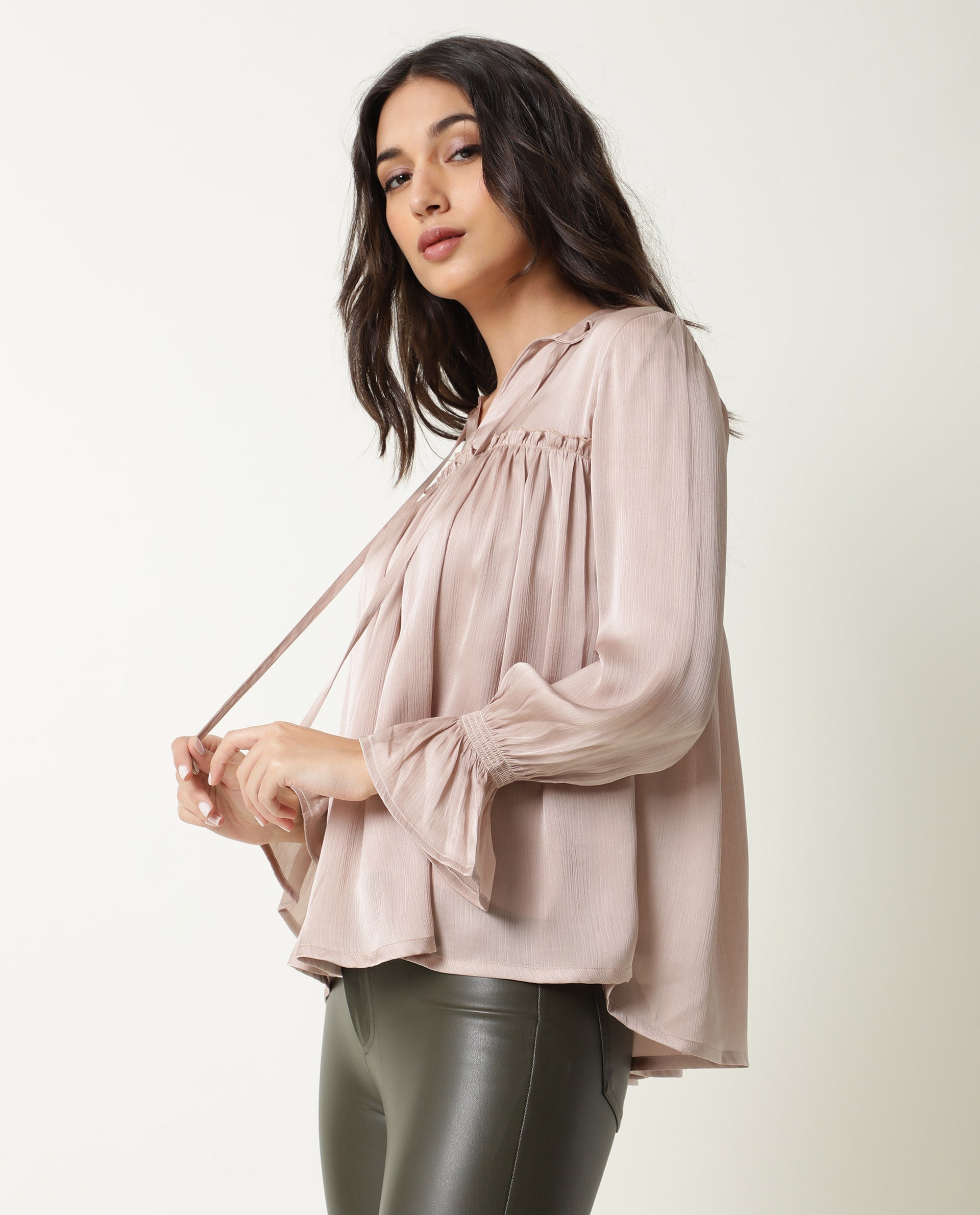 Rareism Women Poetess Light Pink Polyester Fabric Regular Fit Collared Neck Full Sleeves Solid Top
