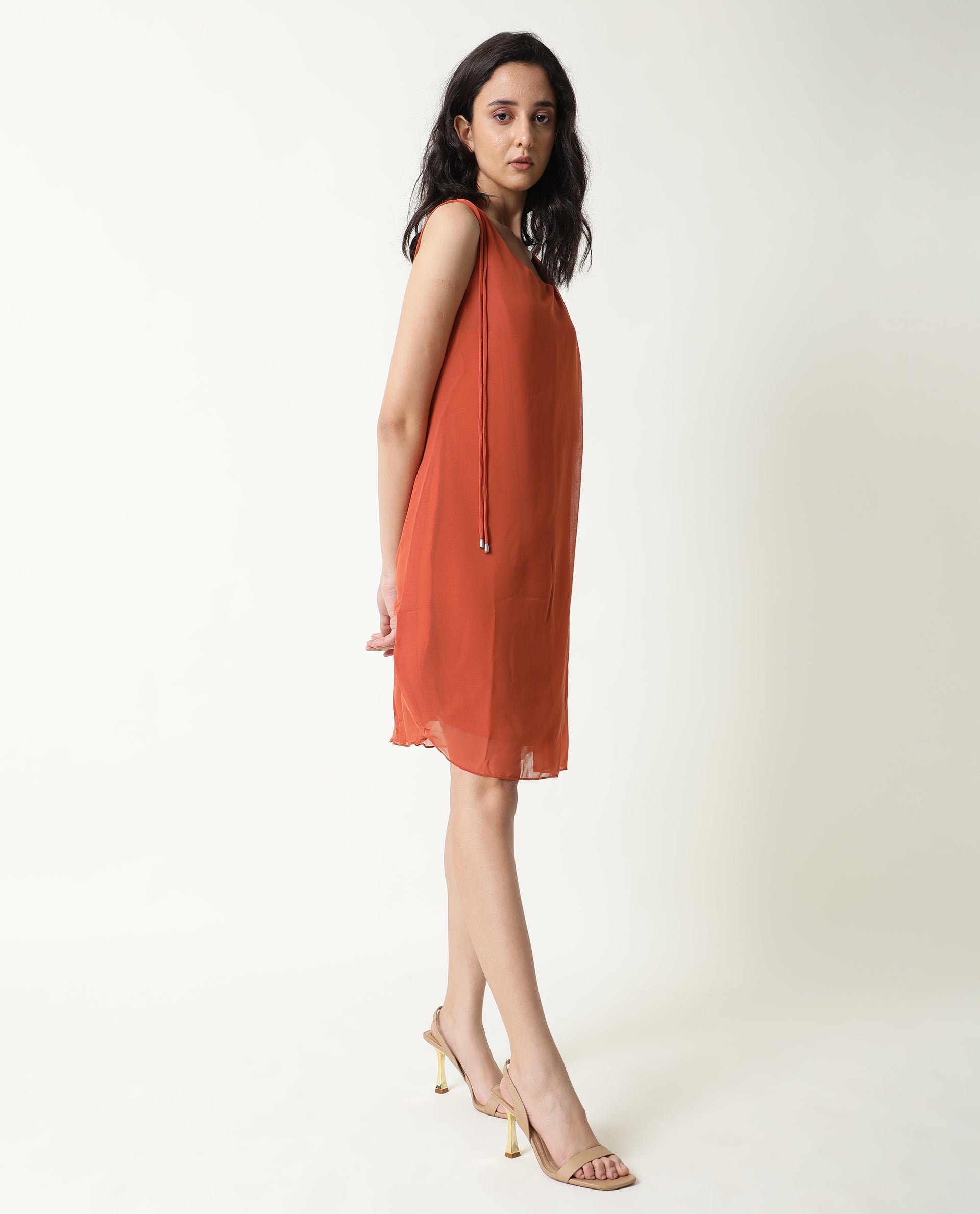 Rareism Women's Saabo Rust Polyester Boat Neck Plain Sleeveless Knee Length Regular Fit Dress
