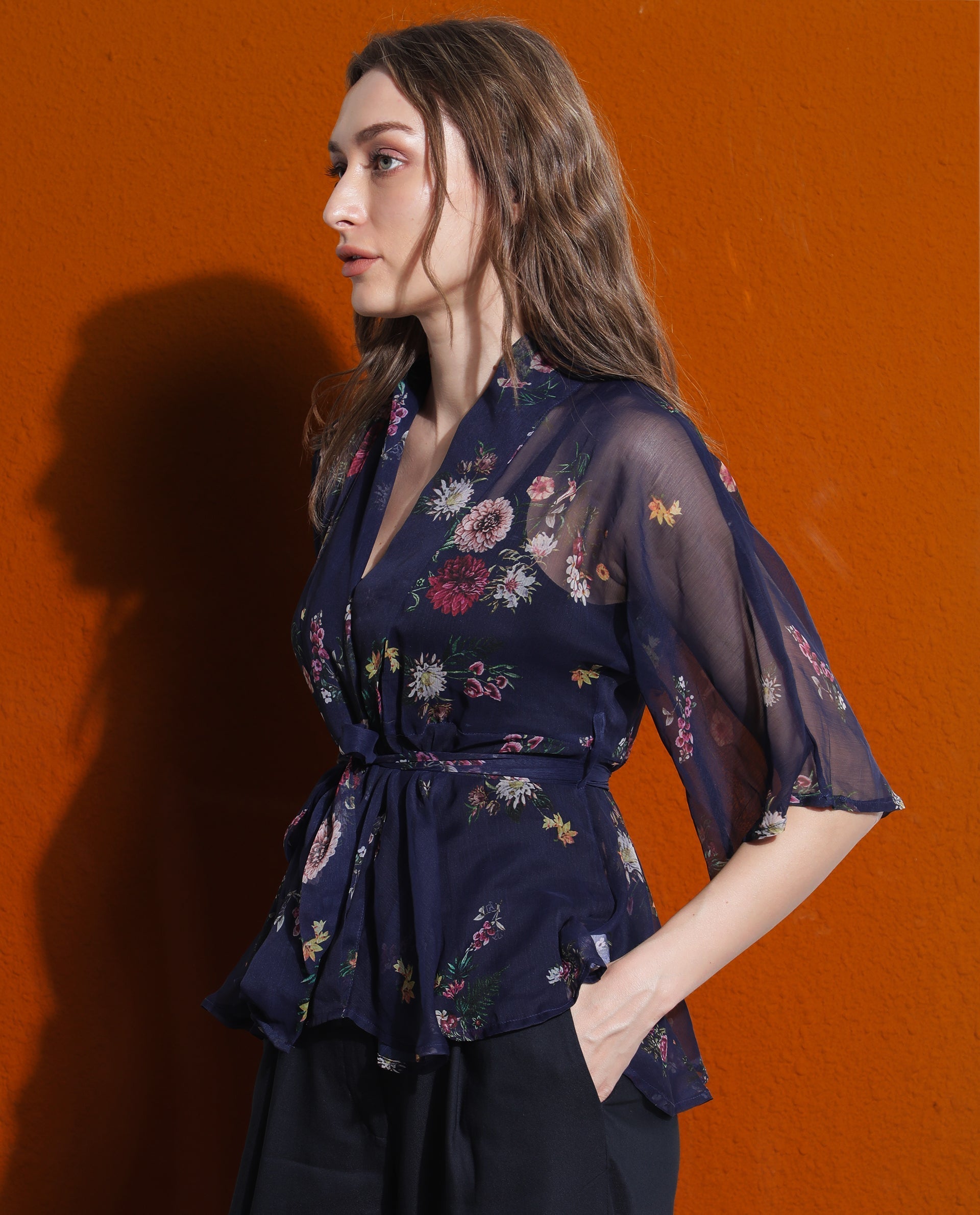 Rareism Women Greta Blue Polyester Fabric 3/4Th Sleeves Over Lap Bell Sleeve Regular Fit Floral Print Shrug