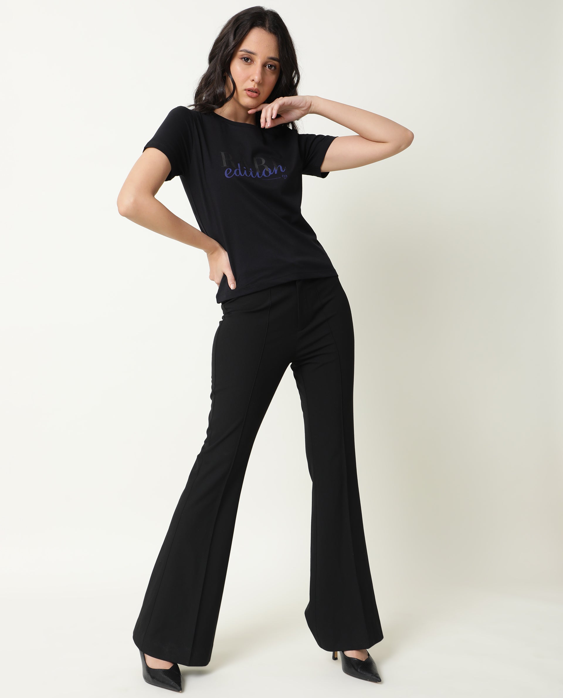 Rareism Women Pacity Black Cotton Fabric Regular Fit Half Sleeves Print Round Neck T-Shirt