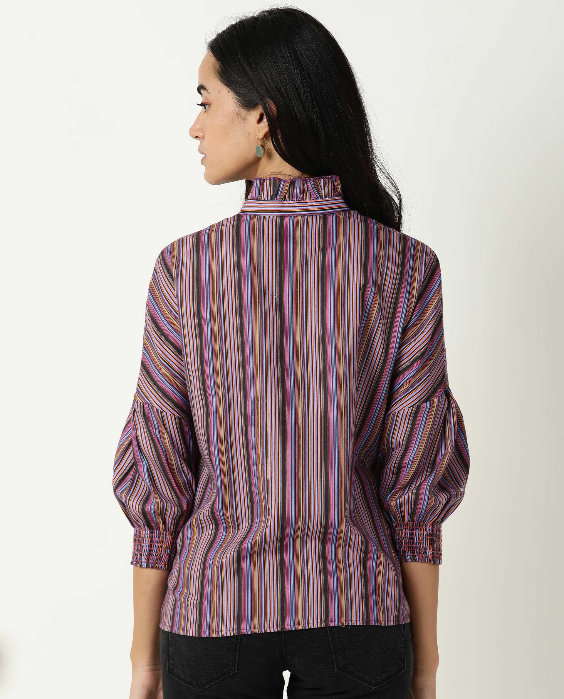 Rareism Womens Pari Multi Top Cotton Fabric Regular Fit Extended Sleeves Ruffled Neck