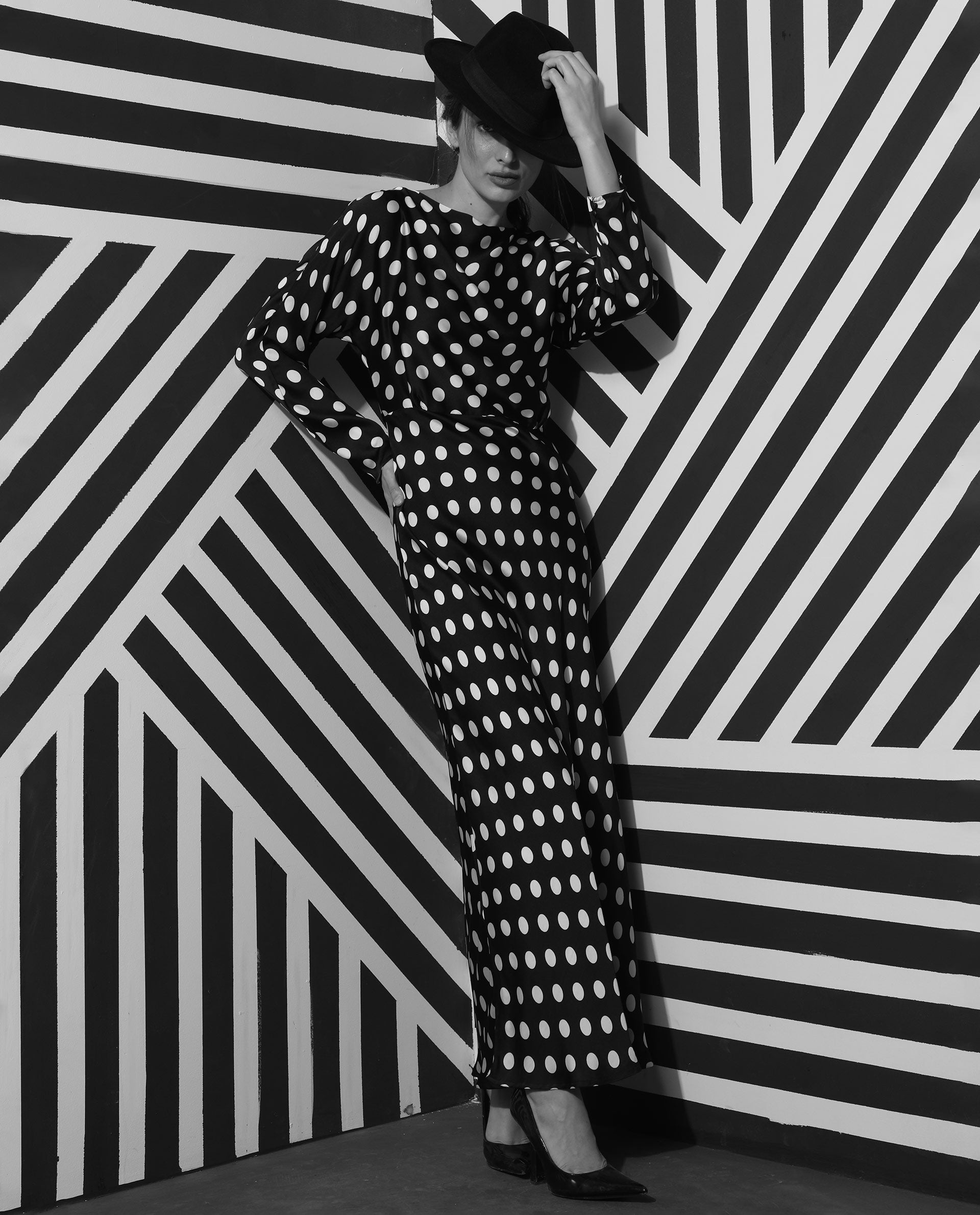 Rareism Women Alsus Black Polka Print Boat Neck Full Sleeves Maxi Dress