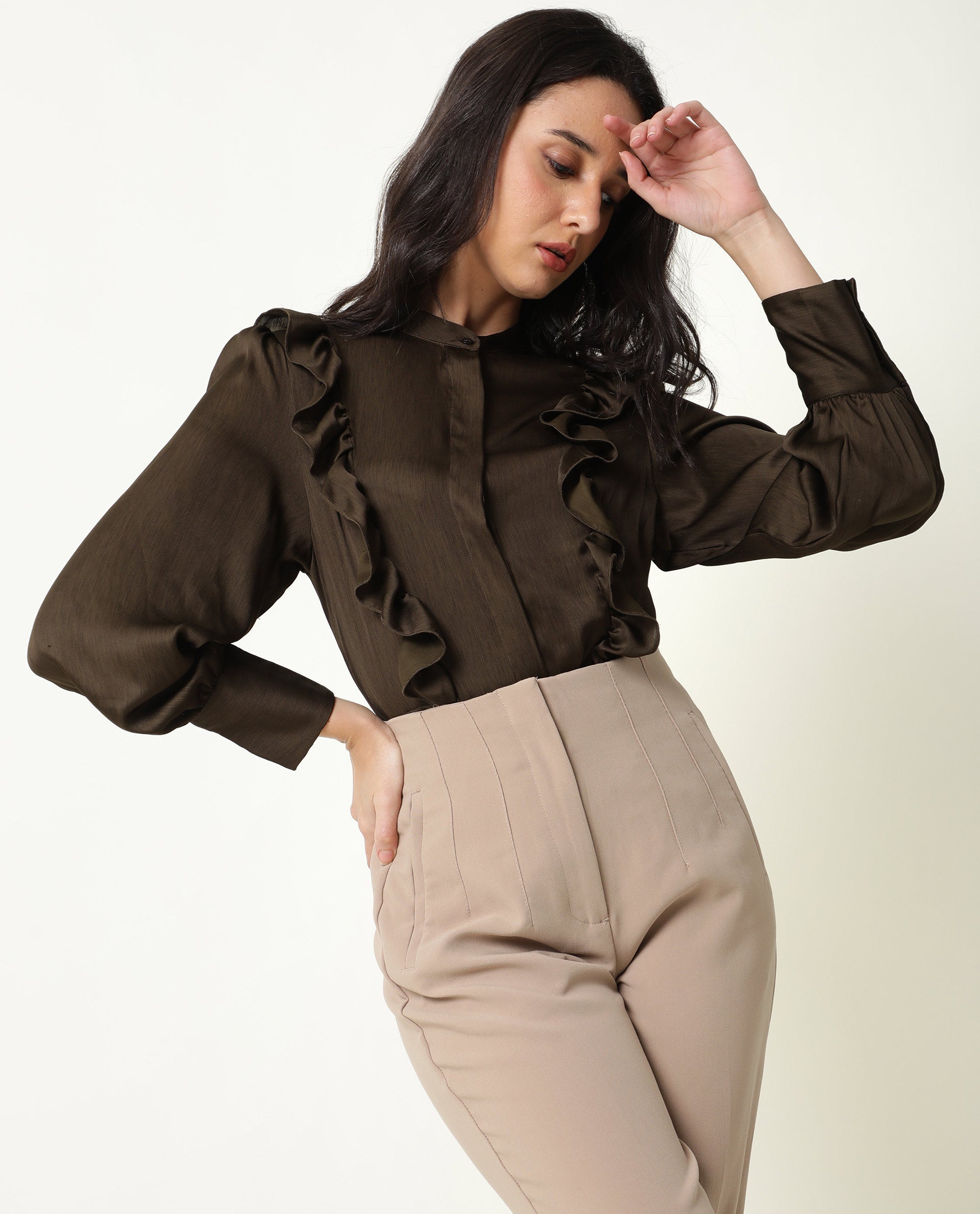 Rareism Womens Chamomile Olive Top Polyester Fabric  Fit Regular Sleeves Mandarin Neck