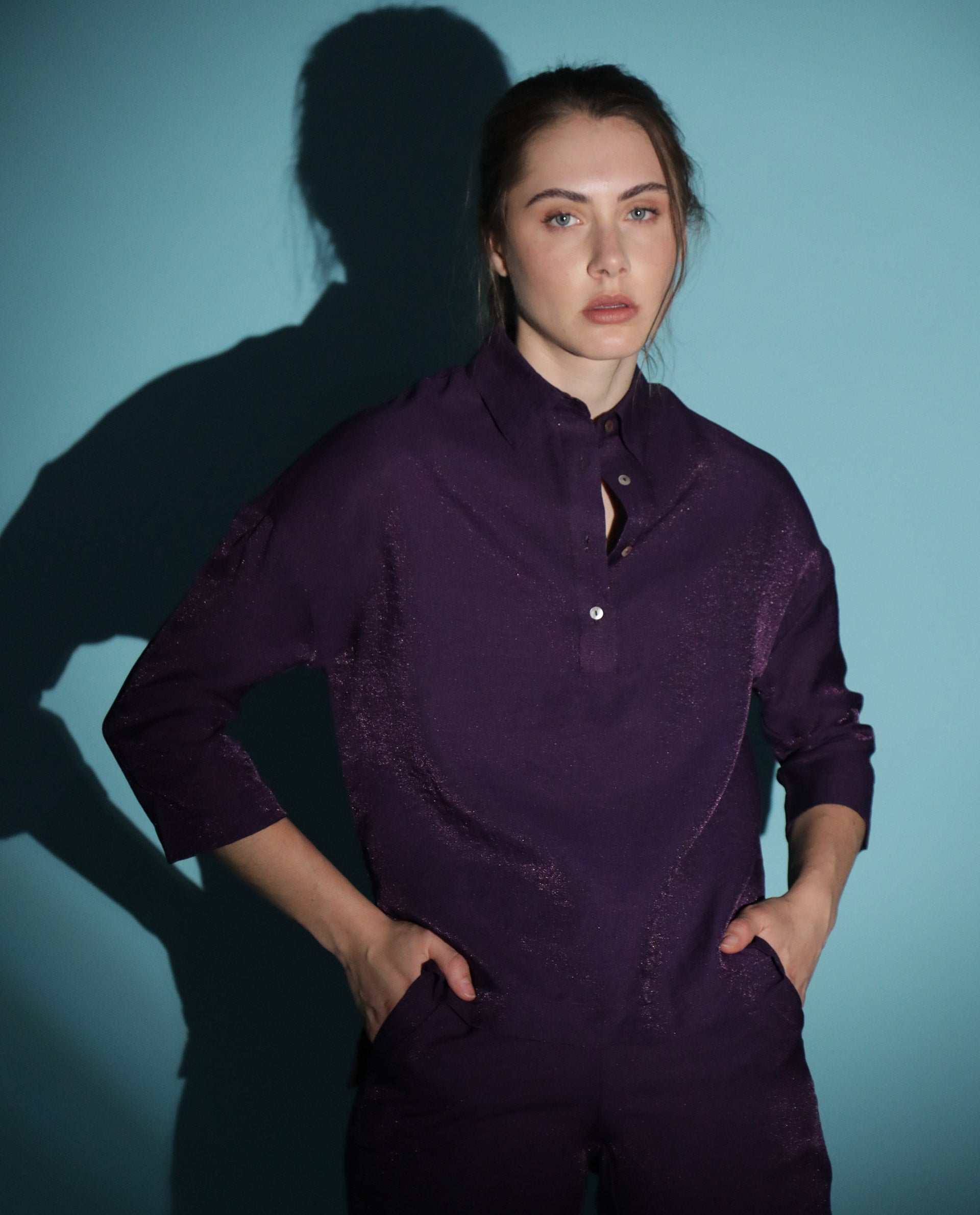 Rareism Women Velynn Dark Purple Polyester Fabric Regular Fit Shirt Collar 3/4Th Sleeves Solid Top