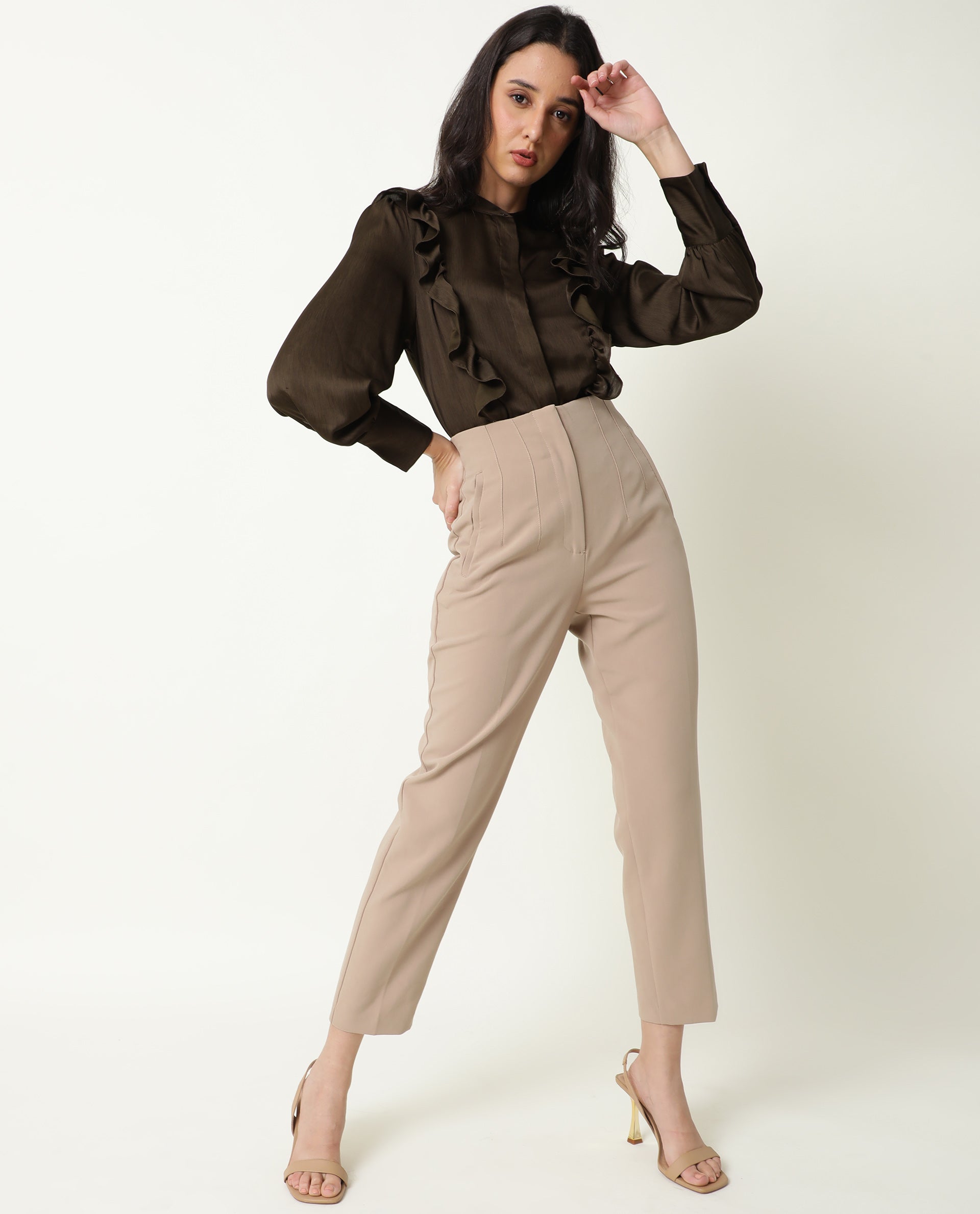 Rareism Womens Chamomile Olive Top Polyester Fabric  Fit Regular Sleeves Mandarin Neck