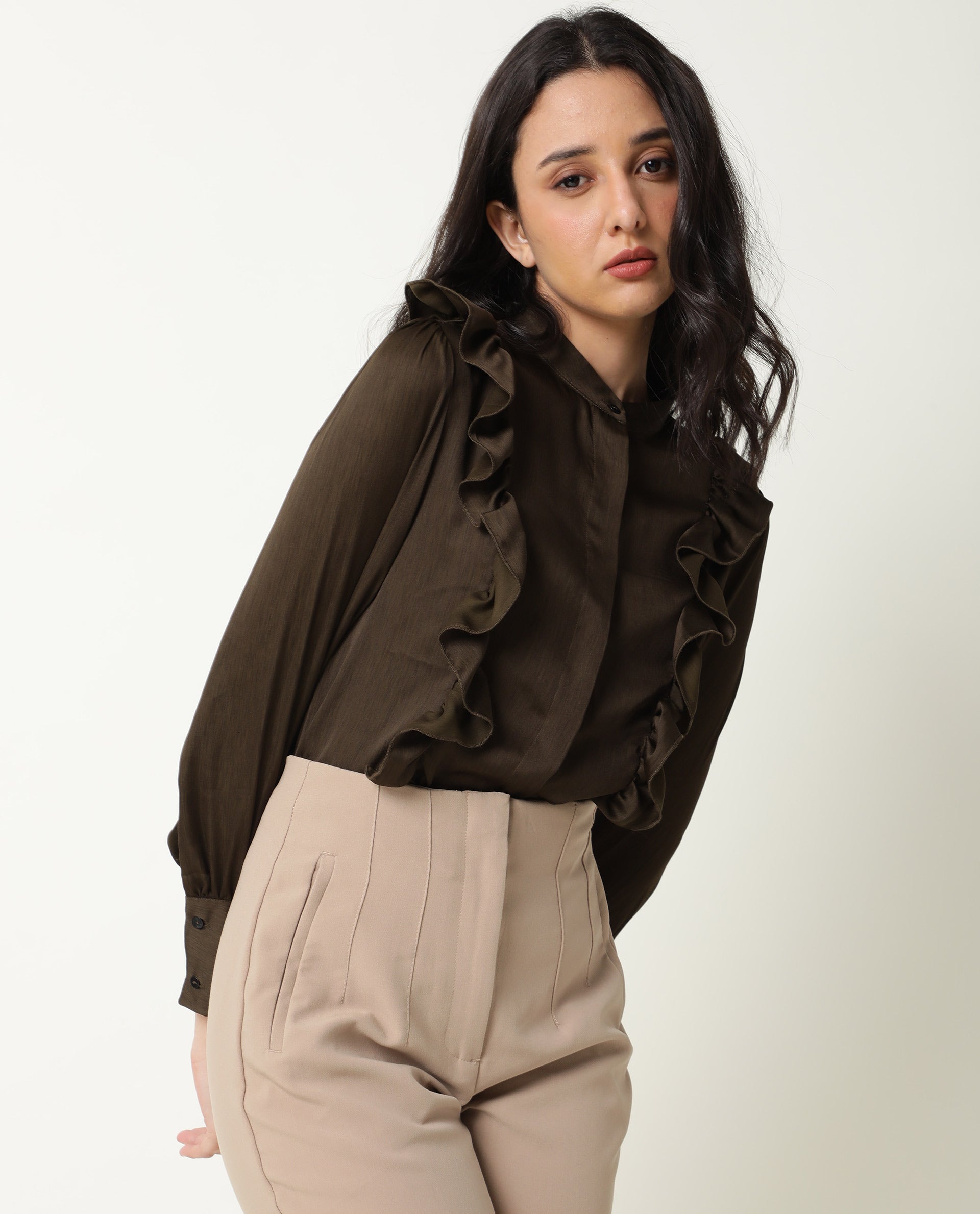 Rareism Womens Chamomile Olive Top Polyester Fabric  Fit Regular Sleeves Mandarin Neck