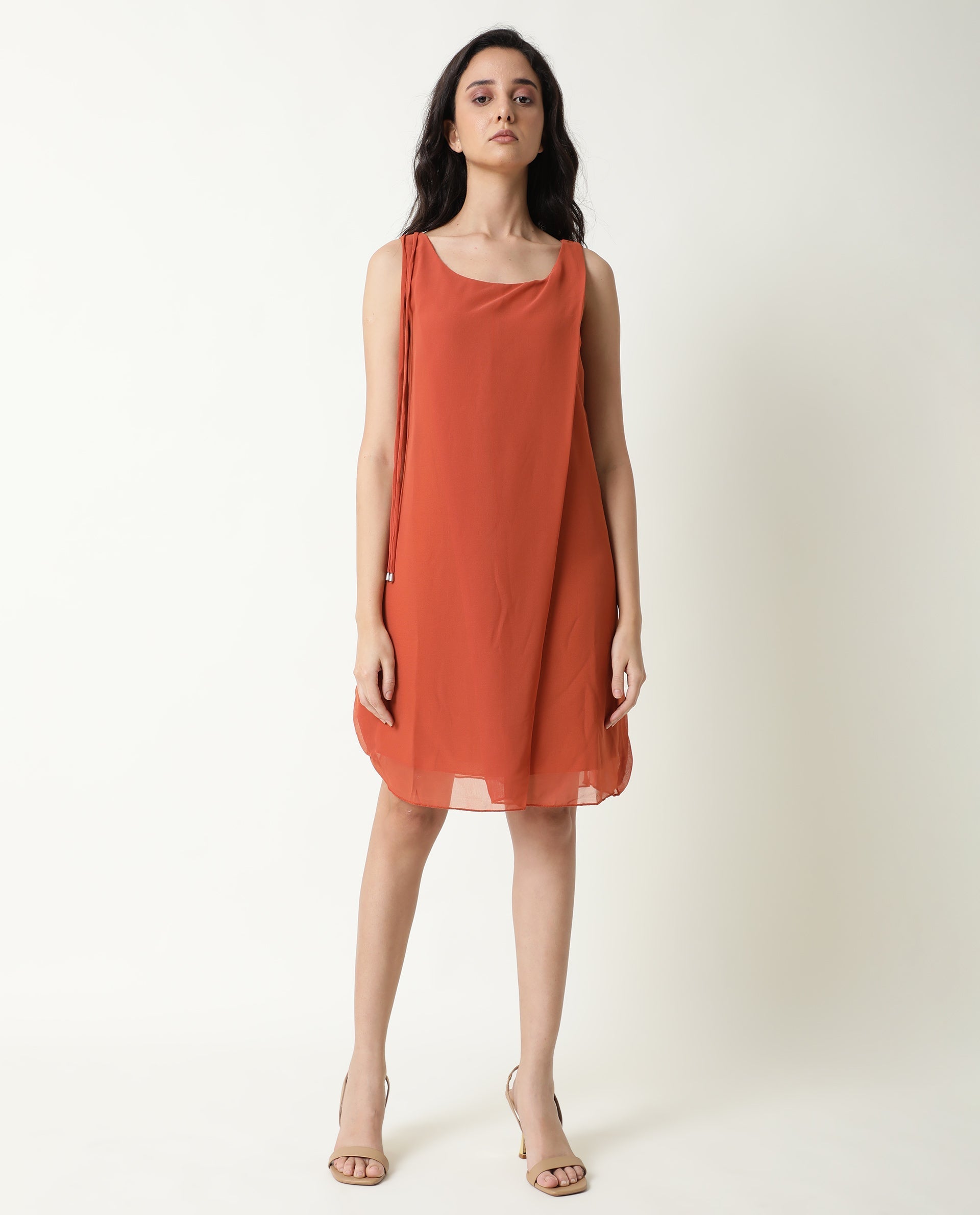 Rareism Women Saabo Dark Rust Boat Neck Sleeveless Side Zip Closure Knee Length Dress