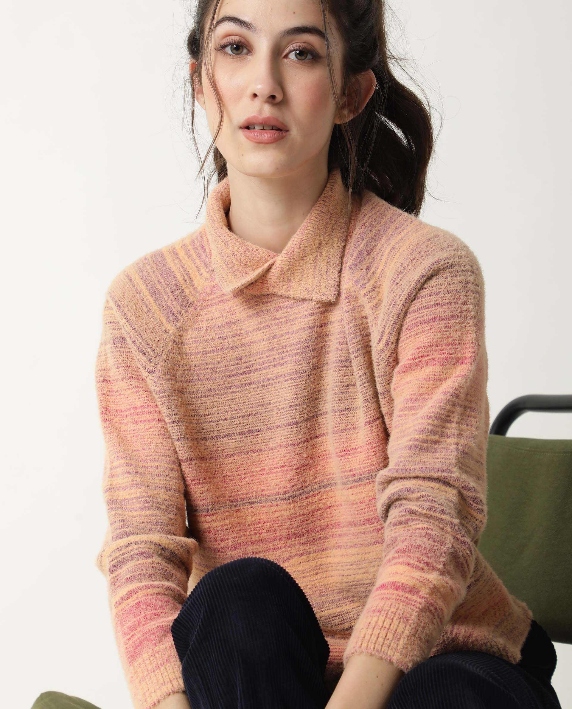 Rareism Women Rosalva Pink Nylon Fabric Full Sleeves Knee Length Regular Fit Ombre High Neck Sweater