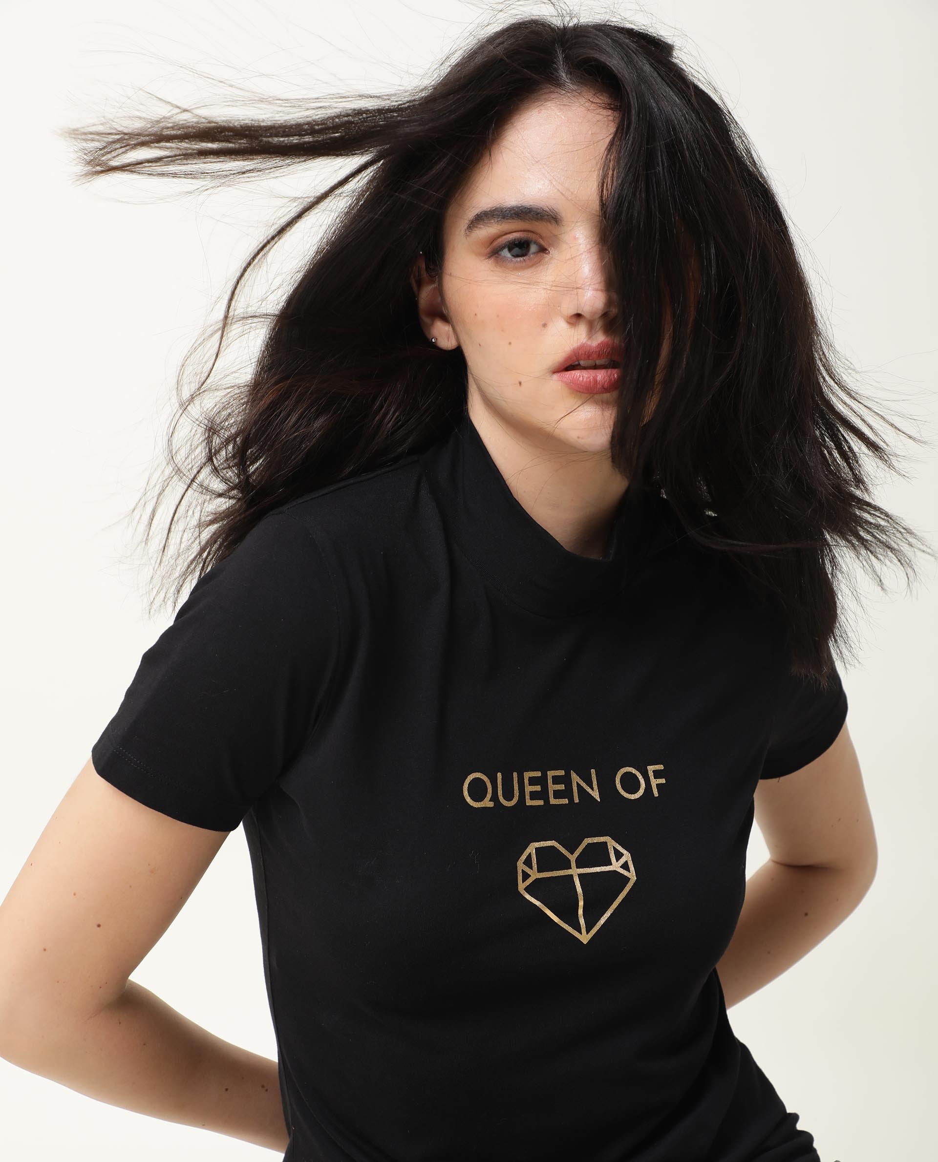 Rareism Women Queenie Black Poly Cotton Fabric Regular Fit Half Sleeves Graphic Print Round Neck T-Shirt